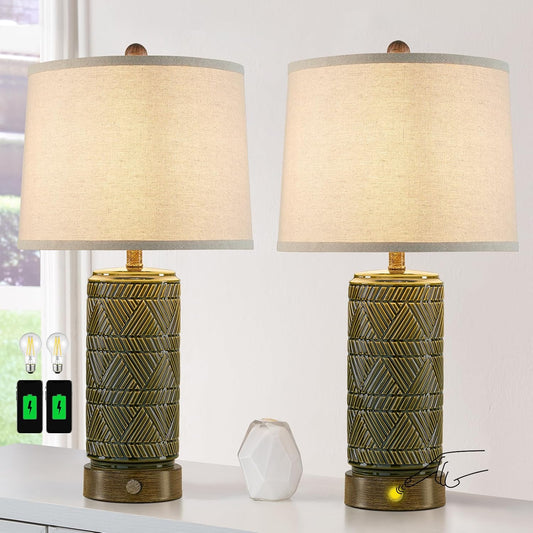 RORIA Set of 2 Retro Touch Table Lamps for Living Room Bedroom, 3 Way Dimmable Nightstand Lamp with 2 USB Port, Farmhouse Rustic Ceramic Desk Lamps for End Table Bedside, LED Bulbs Included