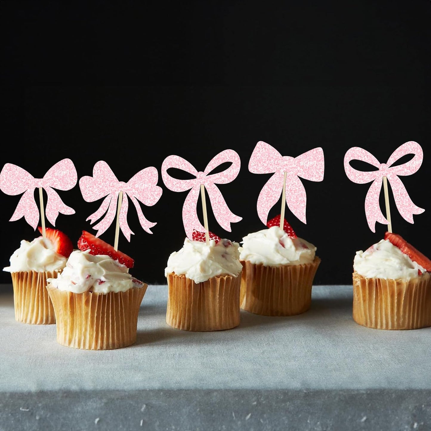 Gyufise 36Pcs Bow Cupcake Toppers Glitter Girls Birthday Decorations Bowknot Cupcake Picks Bow Tie Birthday Decorations Bow Cake Toppers for Bridal Baby Shower Bachelorette Party Supplies Light Pink