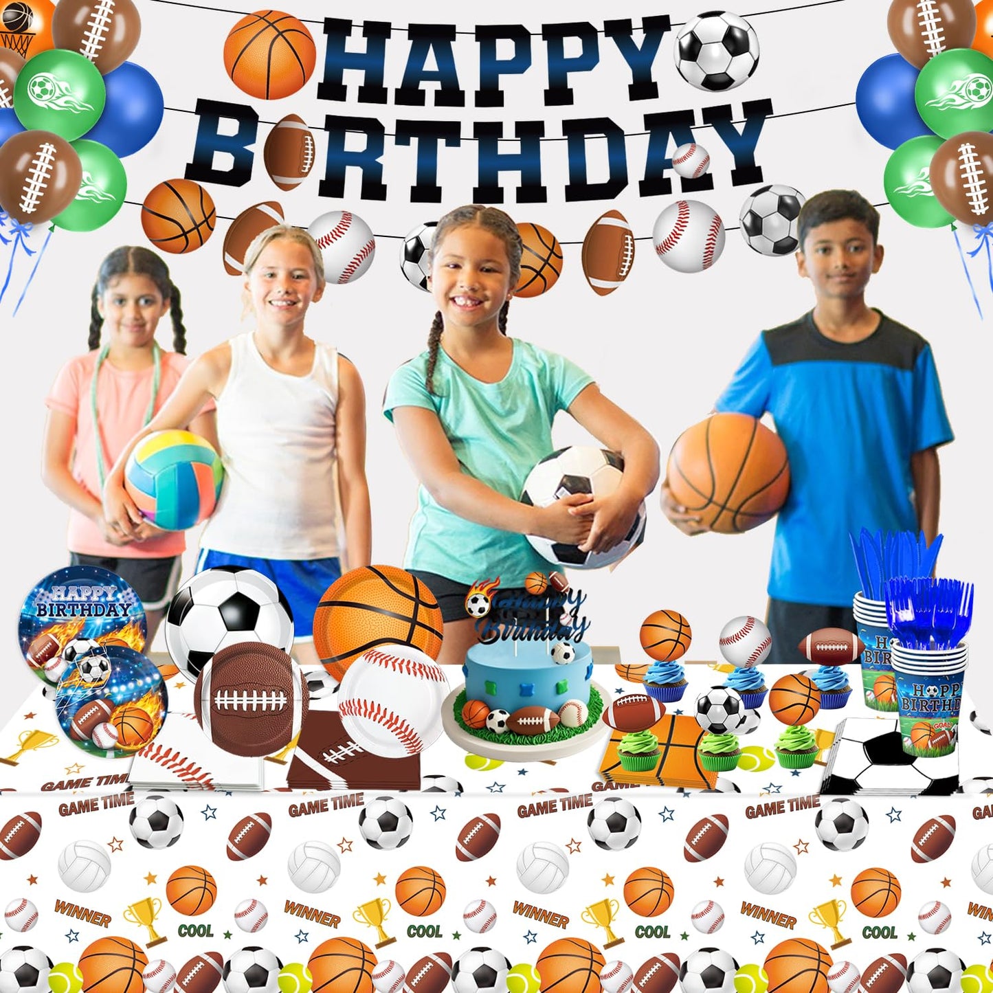 191 PCS Sports Birthday Party Decorations Includes Plates, Napkins, Cups, Knives, Forks, Banner