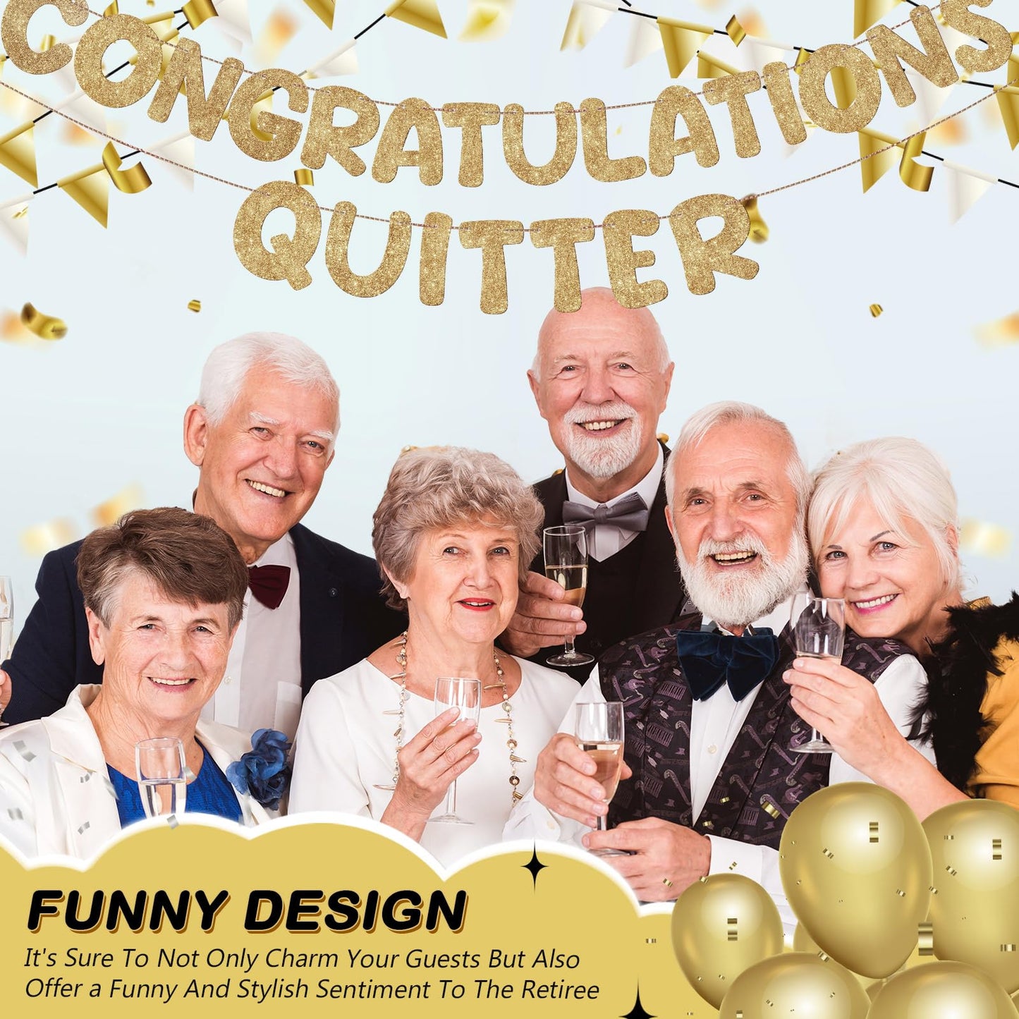 Fulmoon Congratulations Quitter Retirement Banner Glitter,Champagne Gold