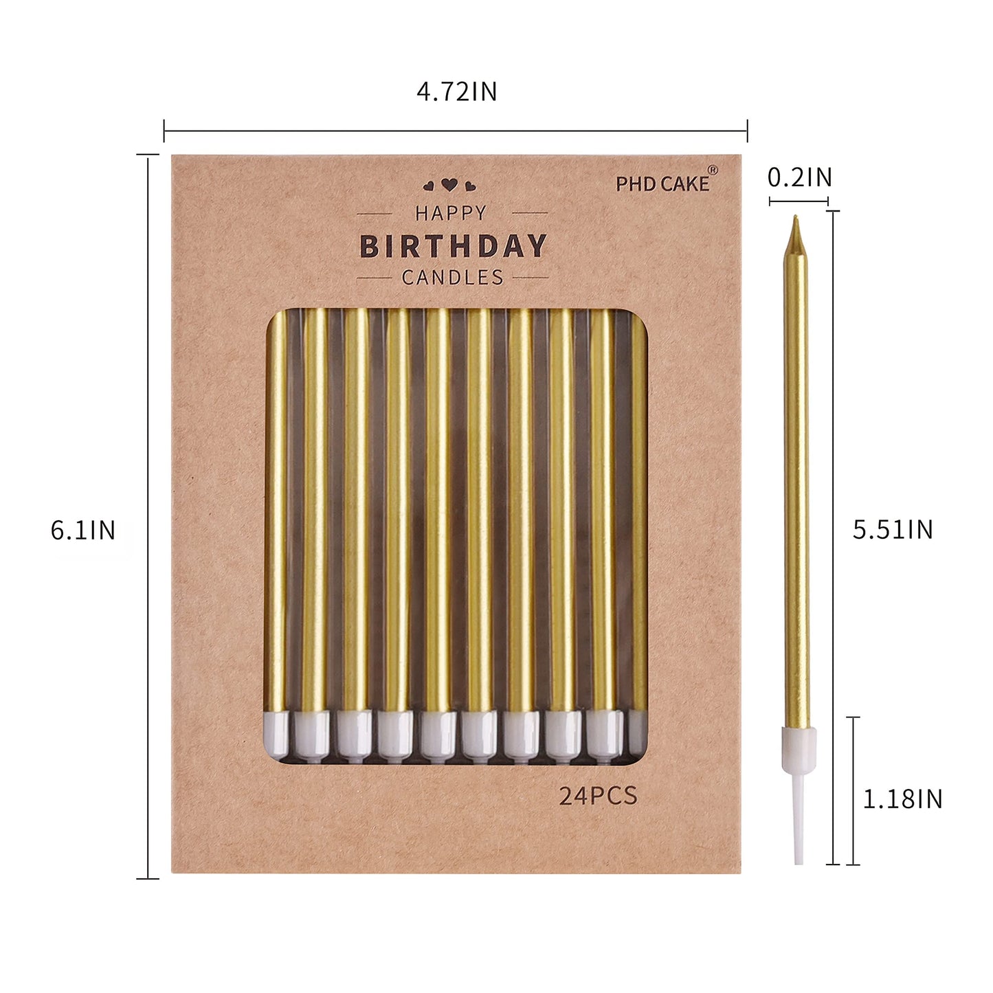 PHD CAKE Gold Long Thin Metallic Birthday Candles, Cake Candles, Birthday Parties, Wedding