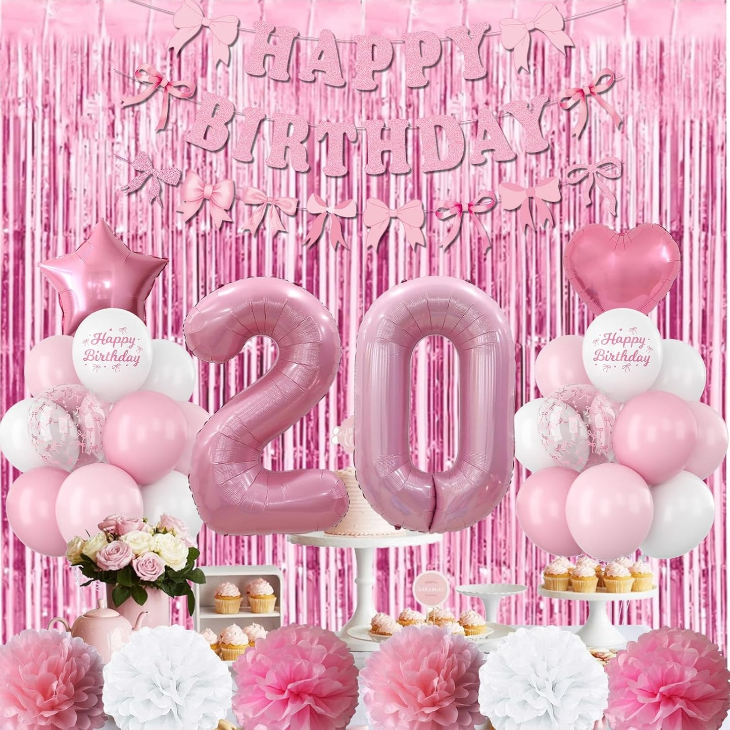 20th Birthday Decorations for Girls Pink Number 20 Balloon Bow Coquette Happy Birthday Banner Fringe Curtain Paper Pom Poms Star Heart Foil Pink White Balloons 20 Year Old Party Decor for Her