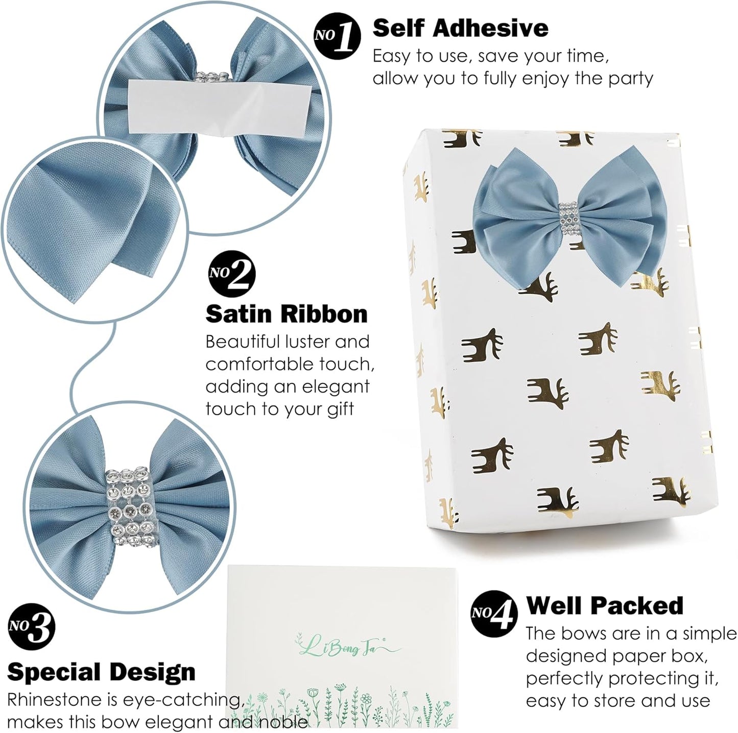 Satin Bows 4'' Premade Dusty Blue Ribbon Bow, Blue Gift Bows With Rhinestone, Wrapping Bows For Presents, Greeting Cards, Treat Bags, Wine Bottles, Valentines Bows For Gift Wrapping-12 Counts