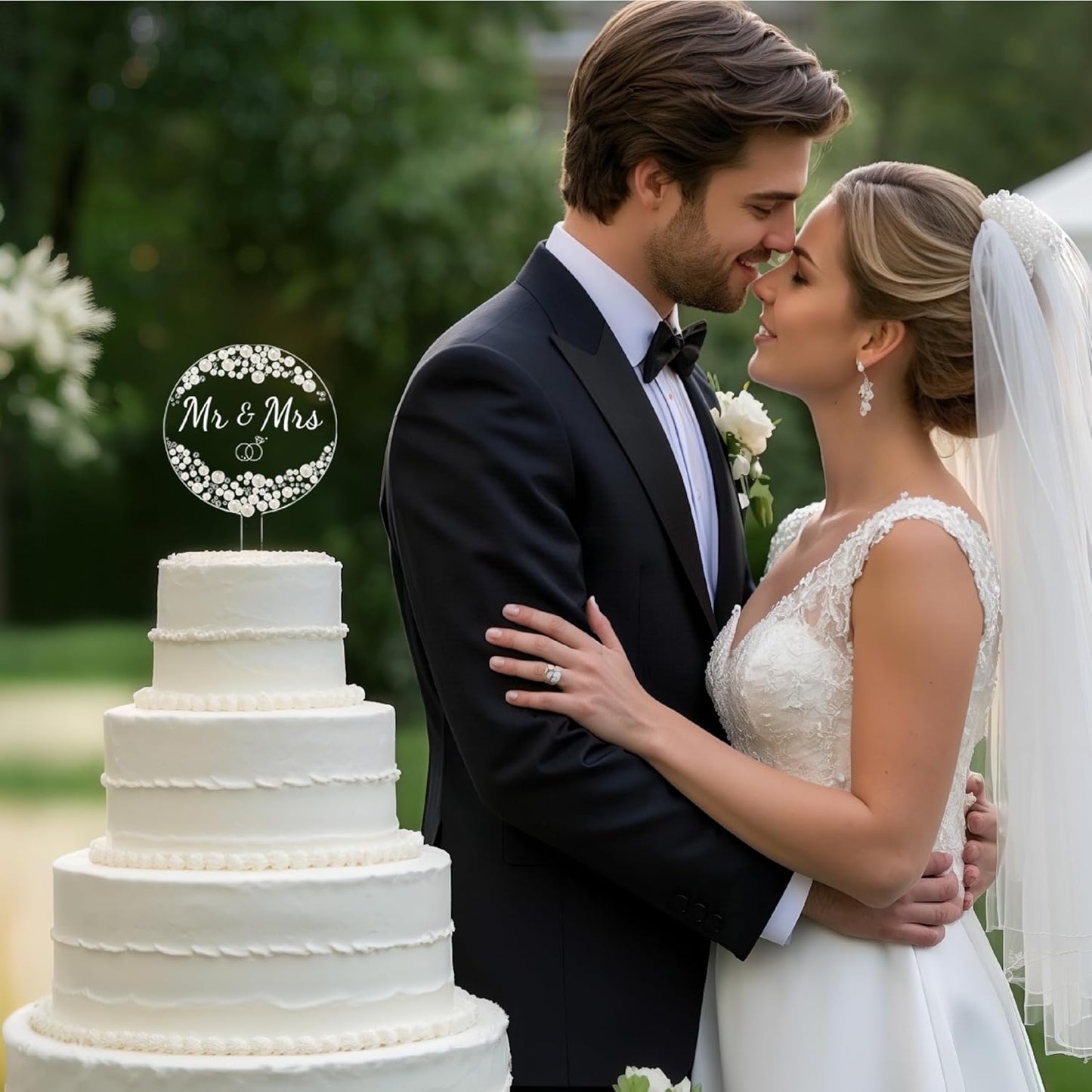 Coucoland Mr and Mrs Cake Topper - Acrylic Wedding Cake Decor with Pearls and Rhinestones for Engagement Bridal Anniversary