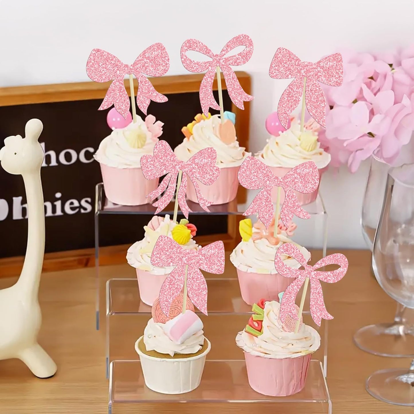 Gyufise 36Pcs Bow Cupcake Toppers Glitter Girls Birthday Decorations Bowknot Cupcake Picks Bow Tie Birthday Decorations Bow Cake Toppers for Bridal Baby Shower Bachelorette Party Supplies Pink