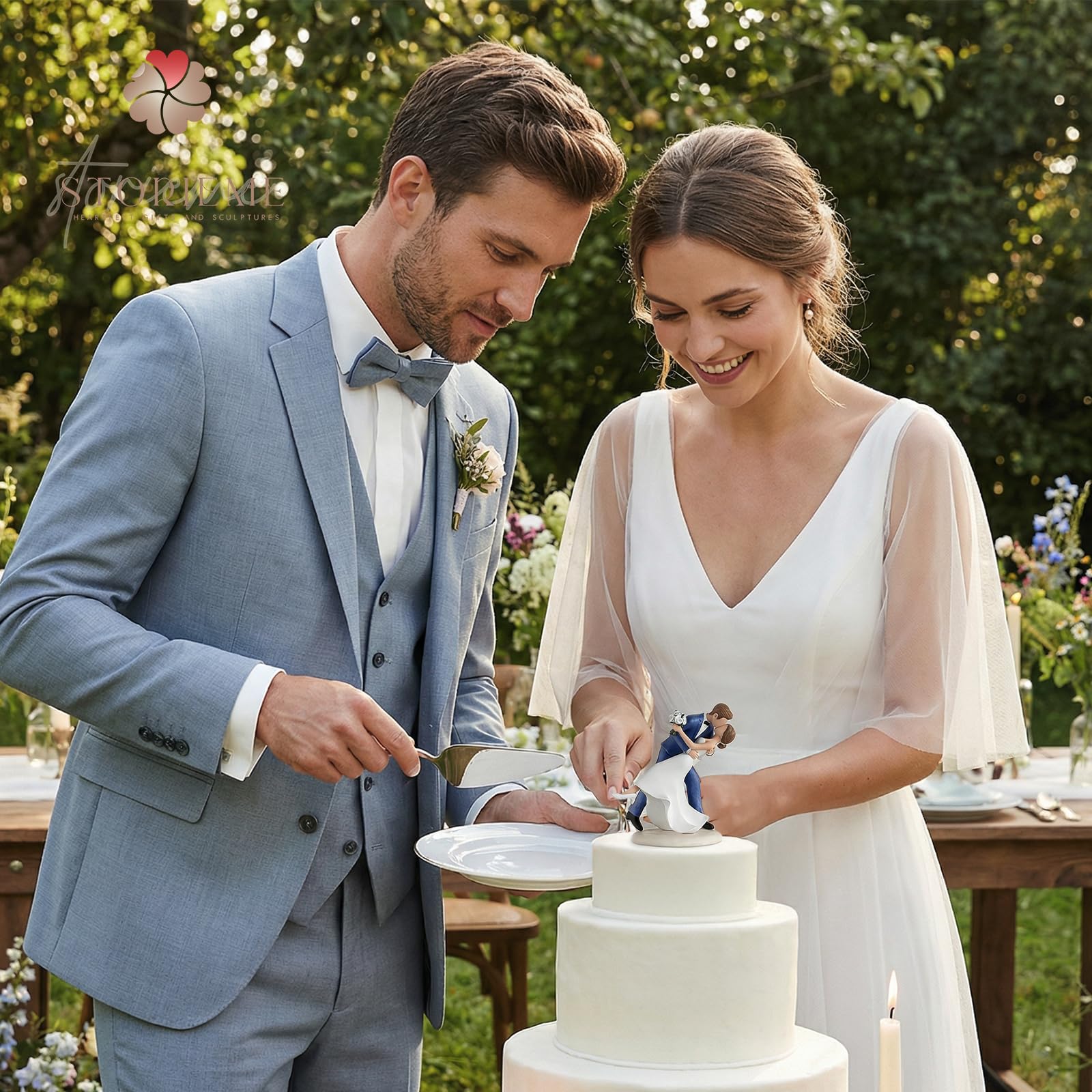 Storieme 4.7” Classy Bride and Groom Cake Toppers (0.5LBS with Secure Base)