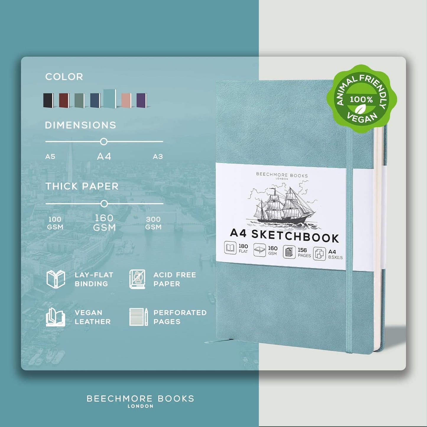 BEECHMORE BOOKS A4 Sketchbook ??8.5x11 Premium Vegan Leather Bound Large Sketch Book Hardcover With 156 Thick 160gsm Perforated Ivory Pages, Blank Sketch Pad, Gift Boxed, Back Pocket, Ribbon Bookmark