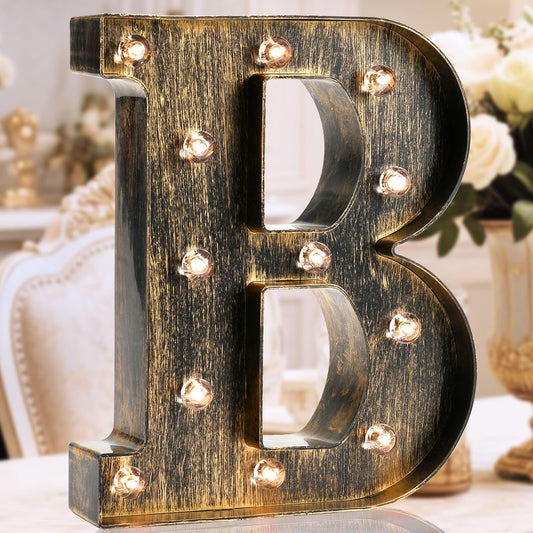 OYCBUZO Golden Black Led Marquee Letter - Industrial, Vintage Style Light Up Alphabet Letter Sign for Cafe Wedding Birthday Party Christmas Lamp Home Bar Initials Decor - B