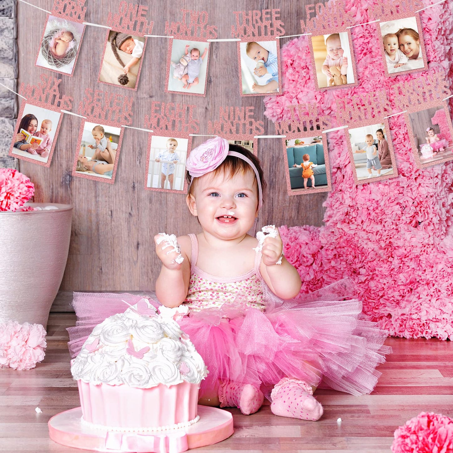 Whaline 1st Birthday Baby Photo Banner for Newborn to 12 Months, Monthly Milestone Photograph