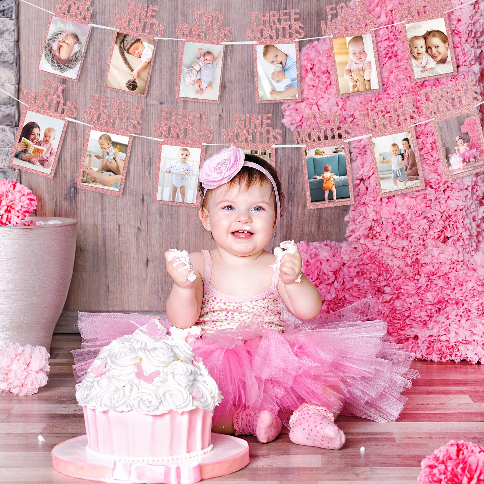 Whaline 1st Birthday Baby Photo Banner for Newborn to 12 Months, Monthly Milestone Photograph