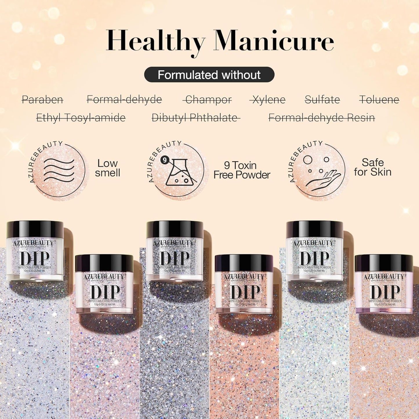 AZUREBEAUTY Dip Powder Nail Set, Silver Pink Black Golden Yellow Glitter Sparkly Shiny Chrome Platinum, 6 Colors All Seasons Dipping Powder Starter Kit Nail Art Manicure Salon, No Need Nail Lamp Cured