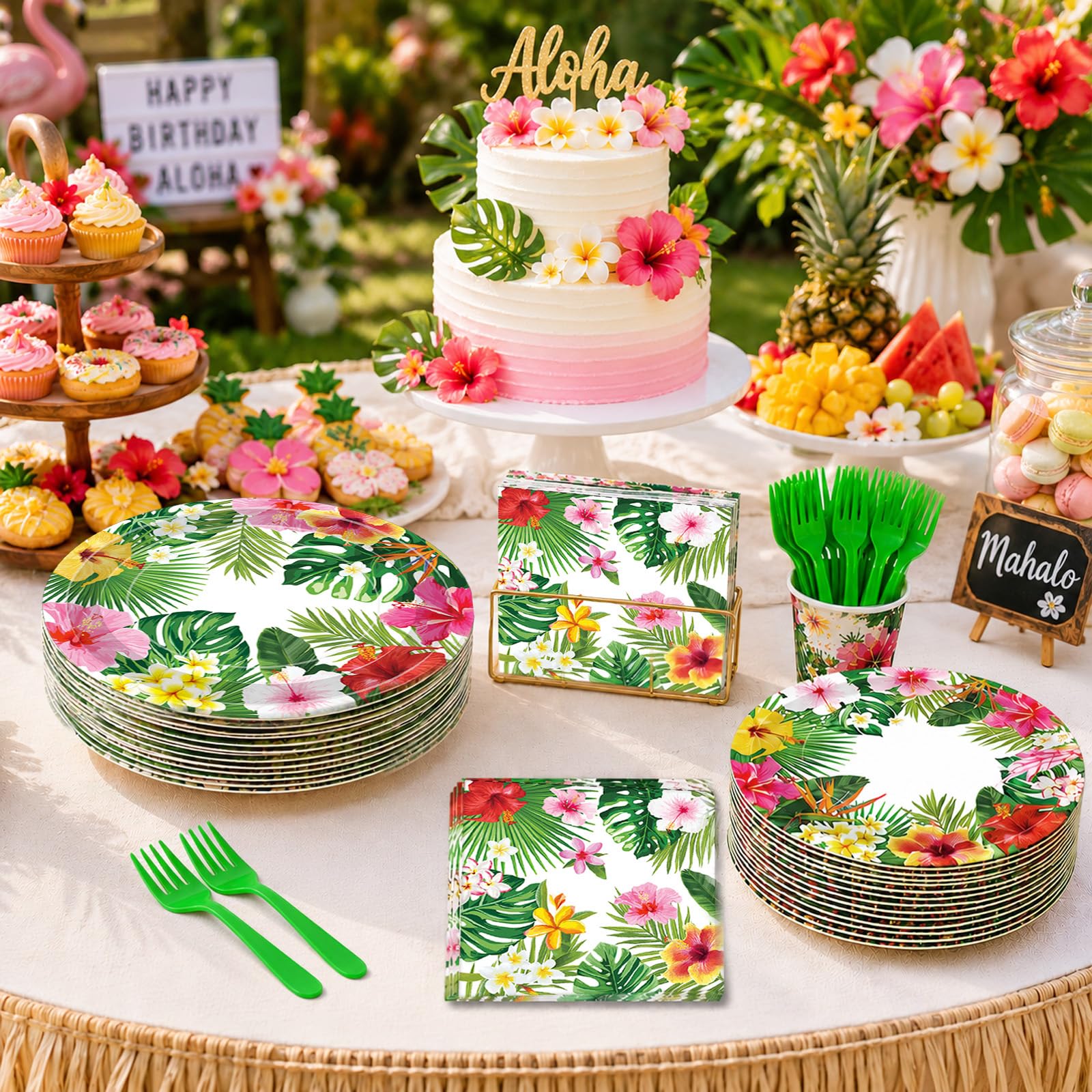 100 Pcs Tropical Luau Party Supplies Set, Serves 25 – Disposable Hibiscus Floral Paper Plates
