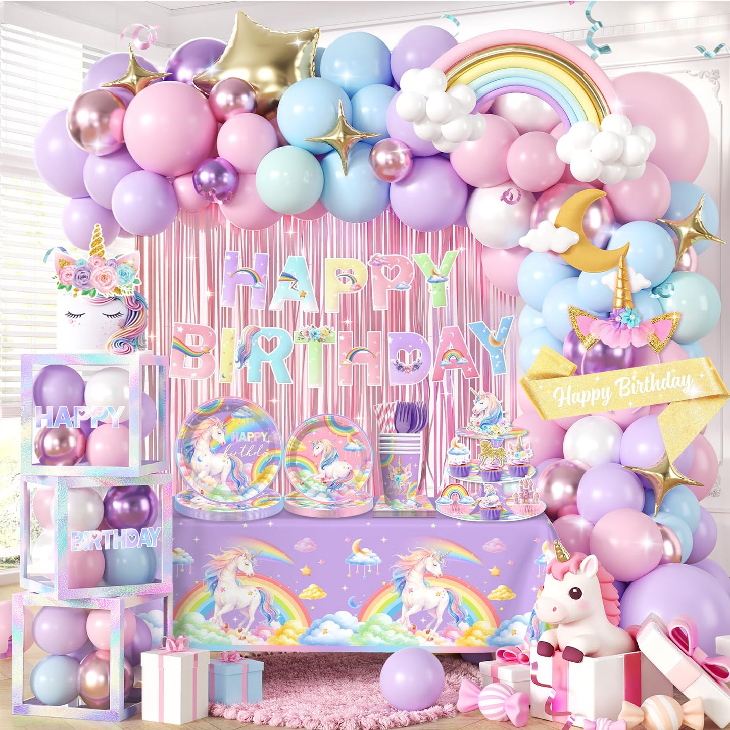 296pcs Unicorn Birthday Decorations for Girl, All-in-One, Set for 25 Guests