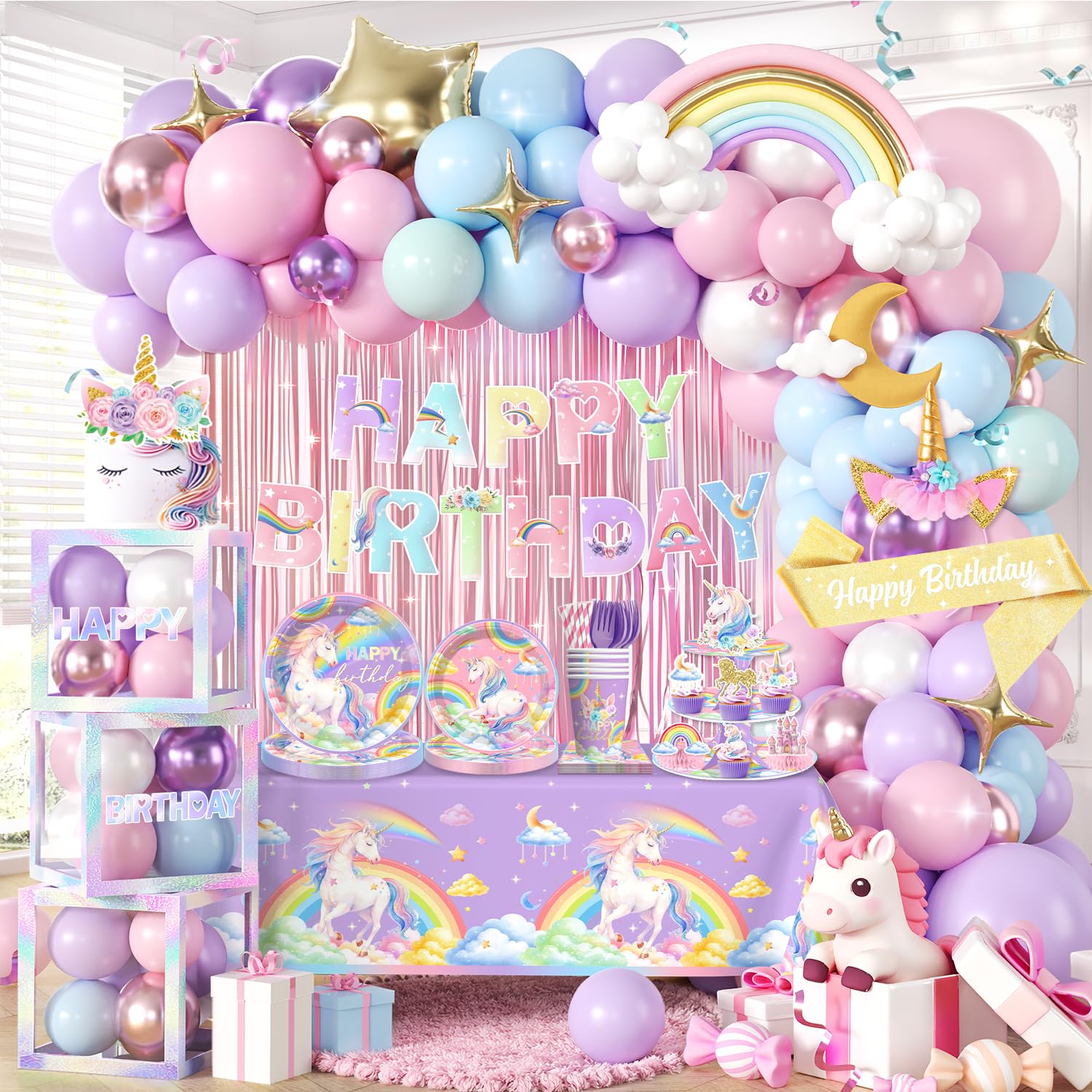 296pcs Unicorn Birthday Decorations for Girl, All-in-One, Set for 25 Guests