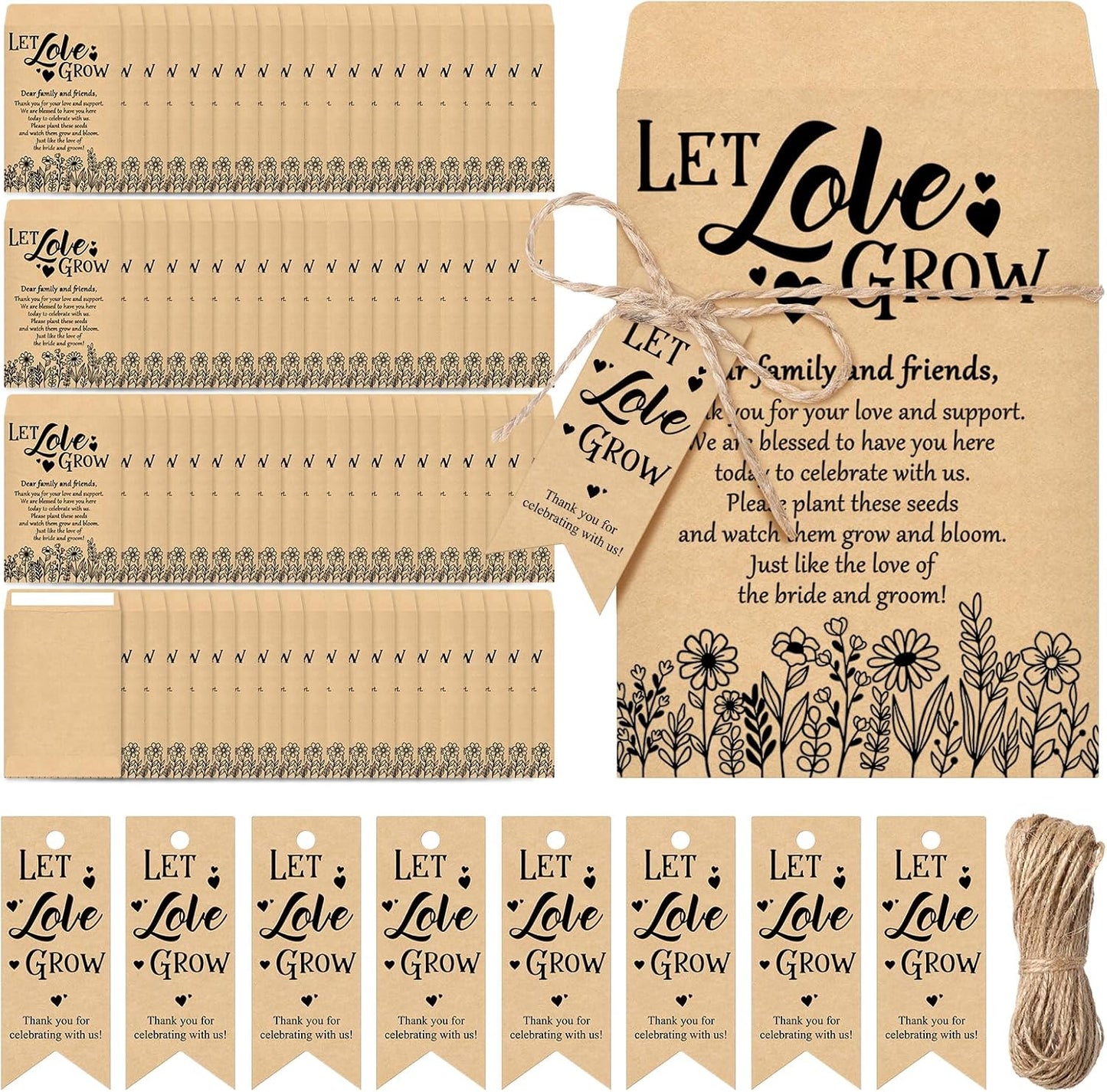 200 Sets Let Love Grow Wedding Favors for Guests Wedding Thank You Gifts Bulk Include Flower Seed Packets Tags and Hemp Ropes Craft Envelops for Bridal Shower Engagement Party Favors