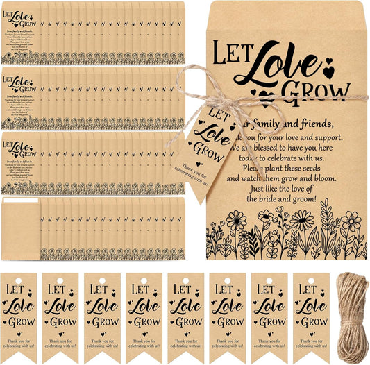 200 Sets Let Love Grow Wedding Favors for Guests Wedding Thank You Gifts Bulk Include Flower Seed Packets Tags and Hemp Ropes Craft Envelops for Bridal Shower Engagement Party Favors
