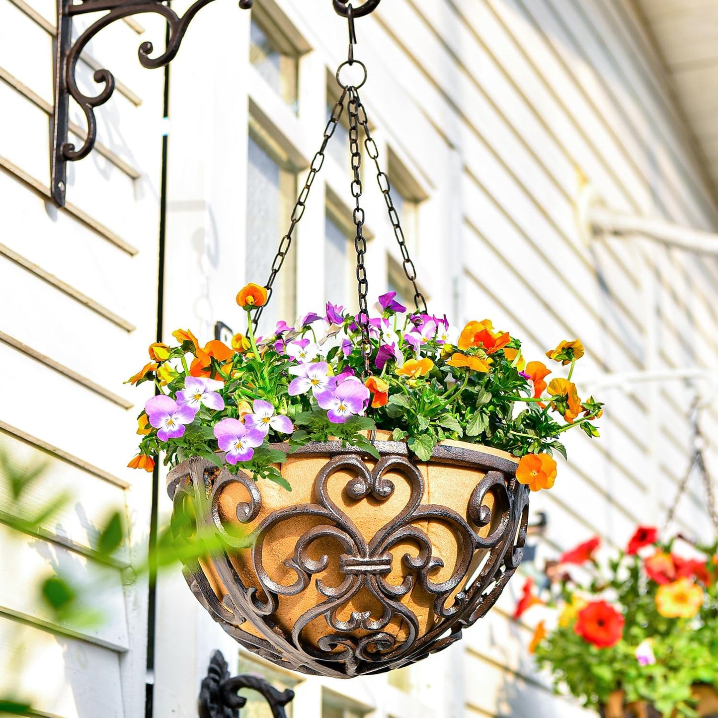 Sungmor 2PC 11" Dia. Large Cast Iron Hanging Baskets w/Fabric Liner, Rustic Brown Heavy-Duty Outdoor Hanging Planters Plant Pot Holders, Garden Yard Terrace Patio Porch Decorative Metal Flower Basket