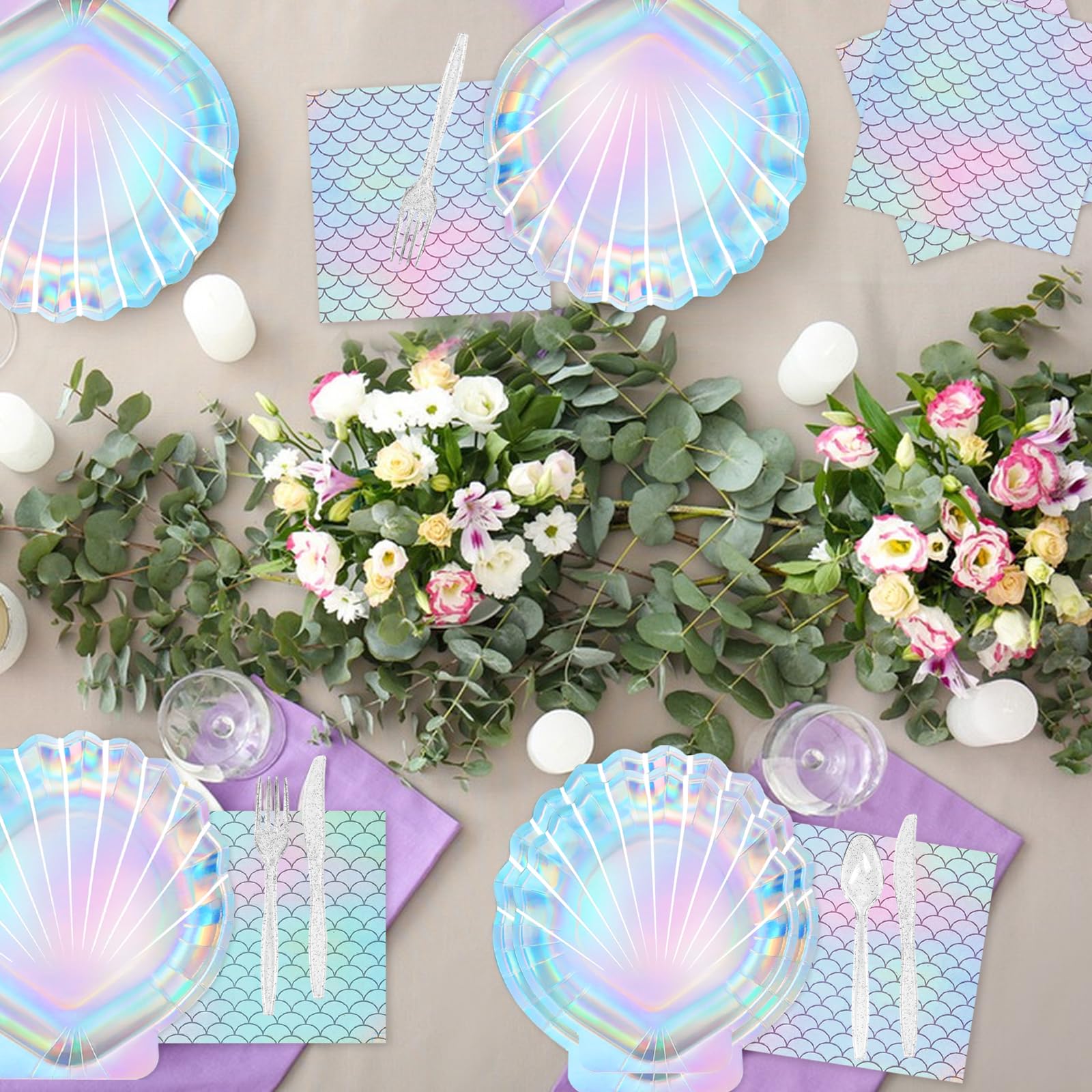 QIYANPAX 144 Pcs Mermaid Party Supplies Mermaid Birthday Decorations Includes Plates Napkins Cups