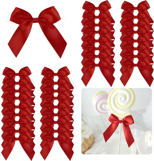 3.5" Red Bow Satin Pre-Tied Bows for Gift Wrapping, Small Bows for Crafts, Premade Bows, Candy Apple Bows, Twist Tie Bows for Cake Decorating, Party Favor, Wedding Decoration-36 Counts