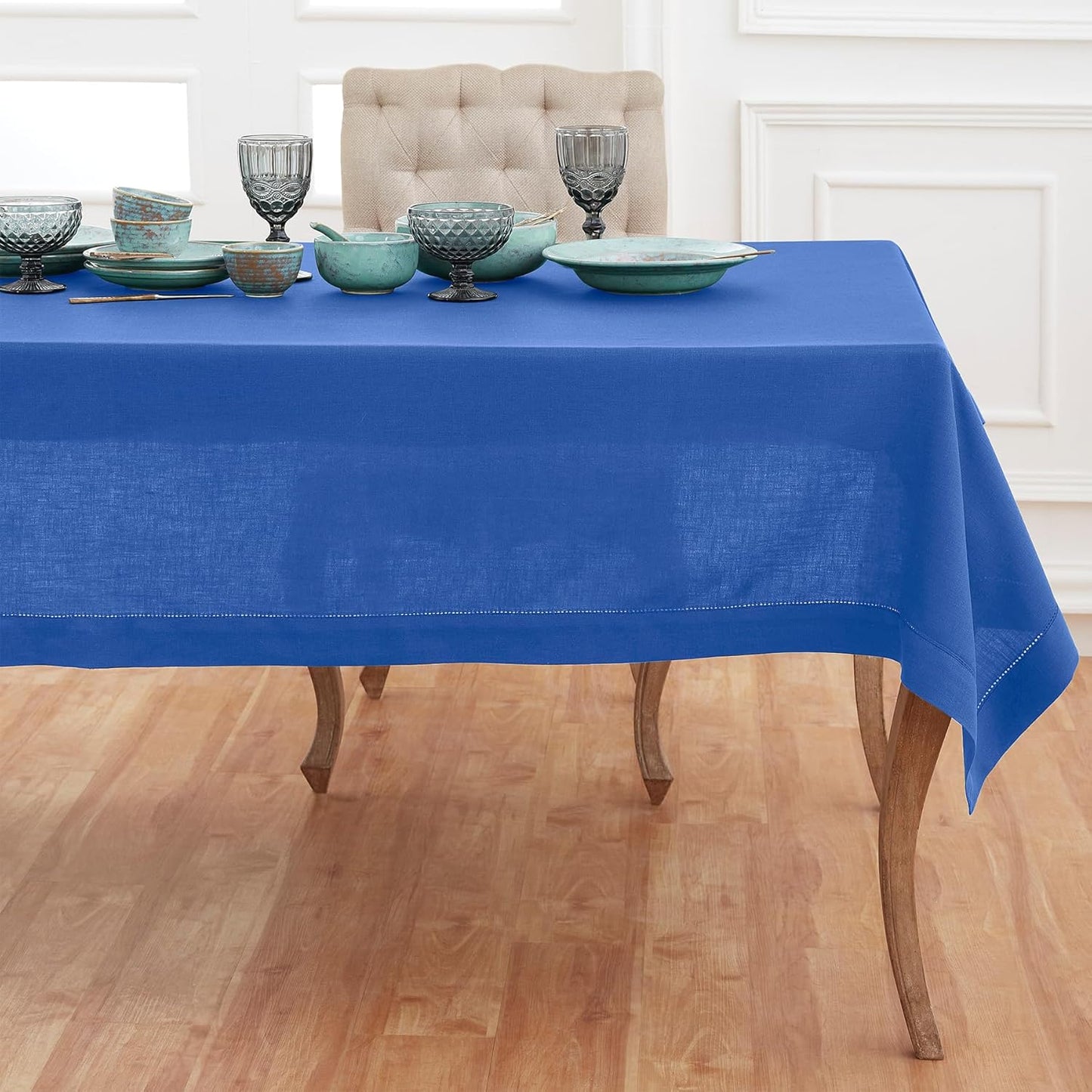 Solino Home Royal Blue Linen Tablecloth 60 x 108 Inch - 100% Pure Linen Hemstitch Table Cloth for Rectangle Tables - Classic Hemstitch, Machine Washable Tablecloth