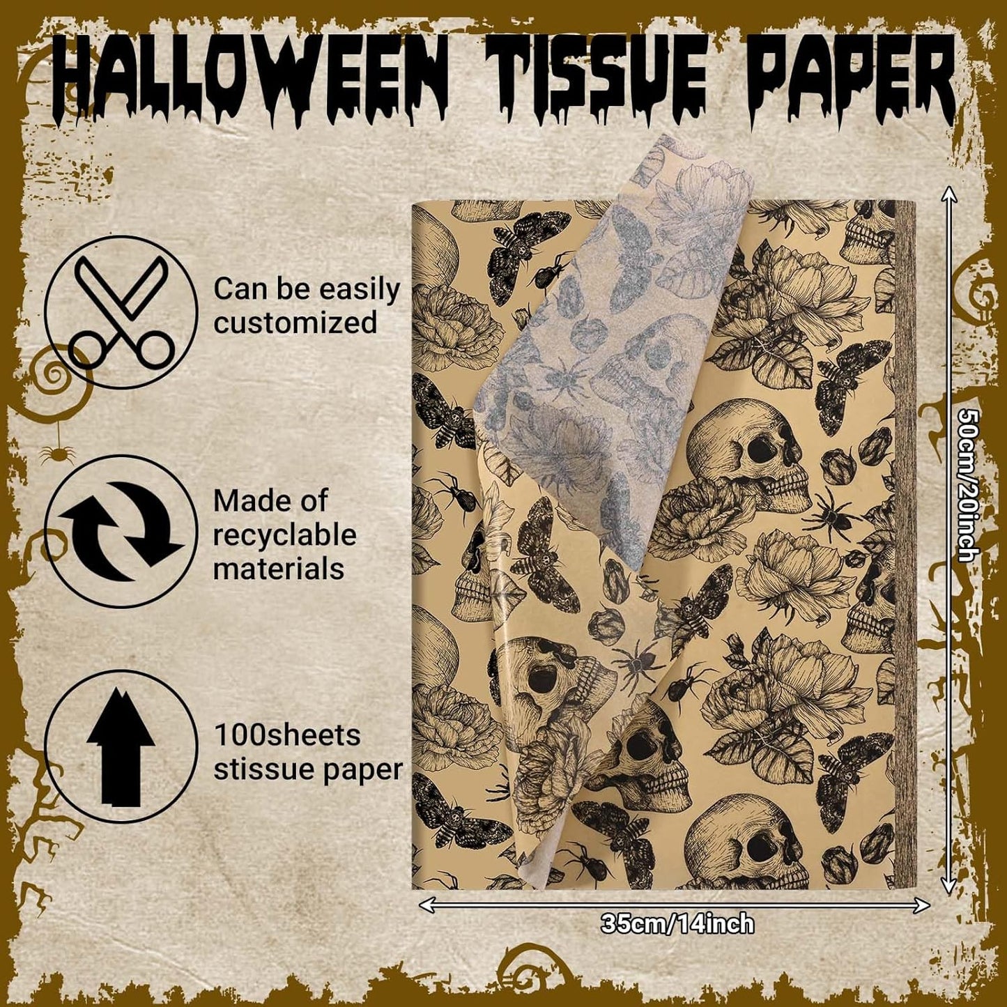 100 Sheets 20 * 14 Inches Vintage Halloween Tissue Paper Kraft Gothic Floral Skull Moth Spider Printed Tissue Paper for Gift Wrapping Spooky Decorative Tissue for Halloween Party DIY Craft Supplies