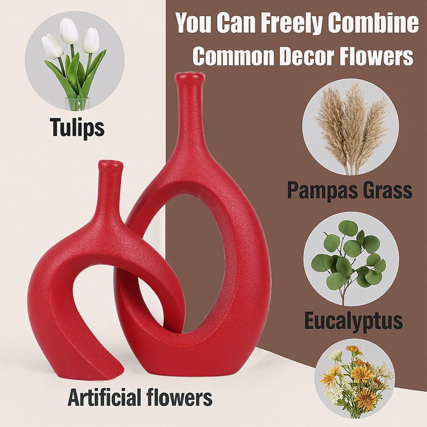 WUBIANJIE Red Ceramic Vase Set - Modern Boho Decor, Snuggle Design, Vases for Living Room, Bedroom, Coffee Table, Fireplace