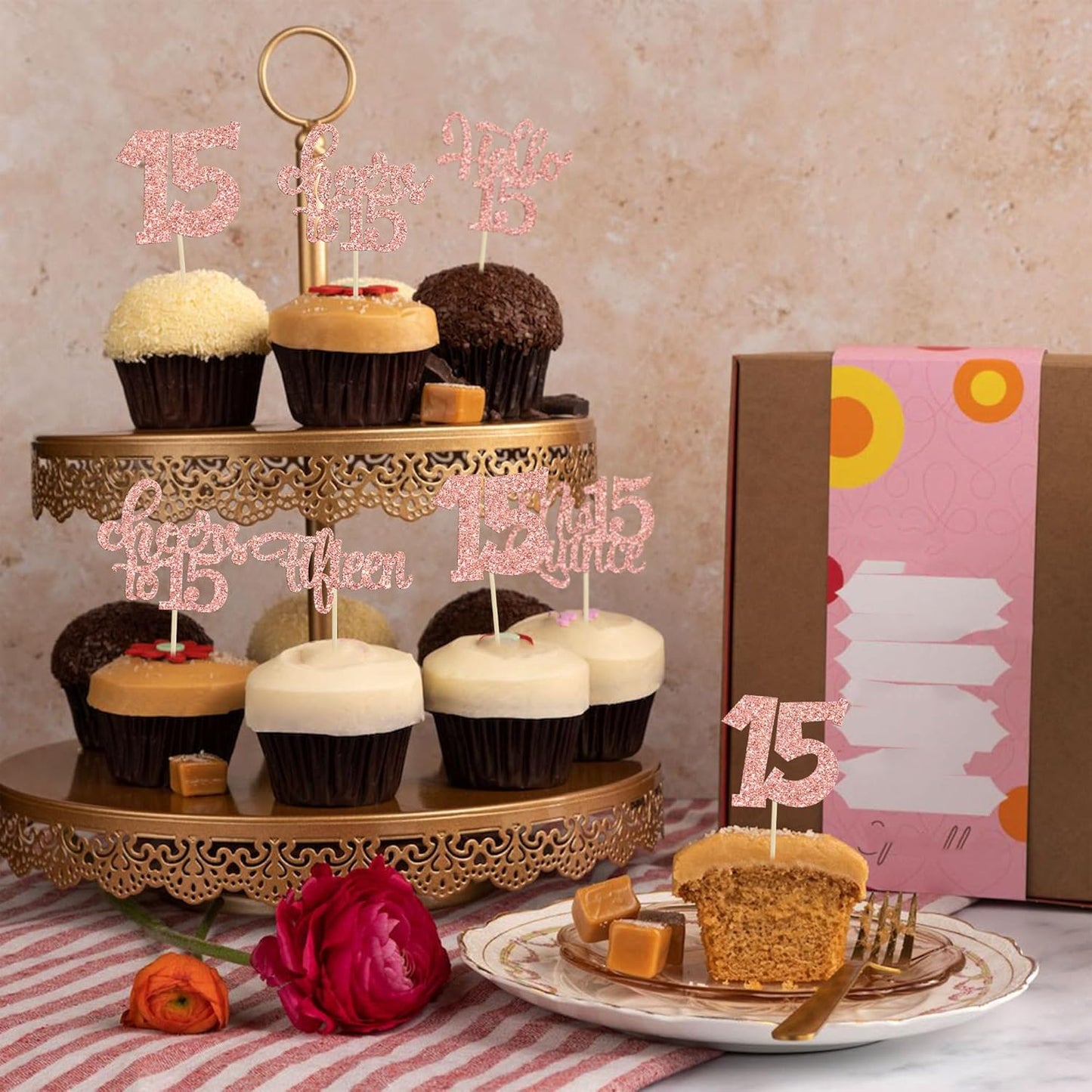 30Pcs 15th Birthday Cupcake Toppers Fifteen Cupcake Picks Cheers to 15 Years Old Mis Quince 15 Cake Decorations for 15th Birthday Anniversary Party Rose Gold Glitter