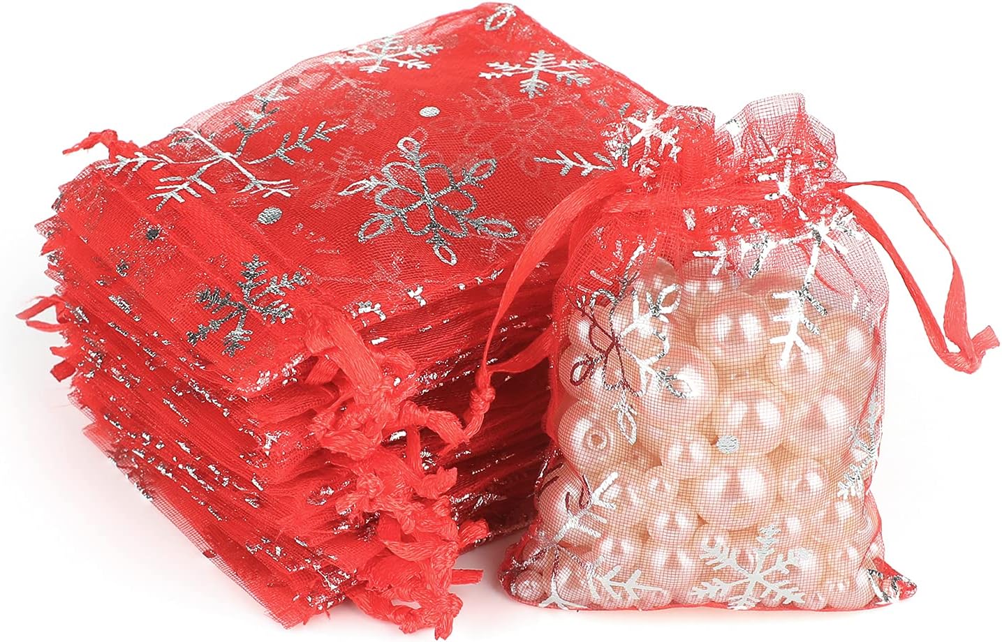 jijAcraft 3x4 Inch Christmas Organza Bags - 100Pcs Red Snowflake Gift Bags with Drawstring, Xmas Party Favor Sheer Mesh Pouches for Winter Gift, Candy, Jewelry Bag