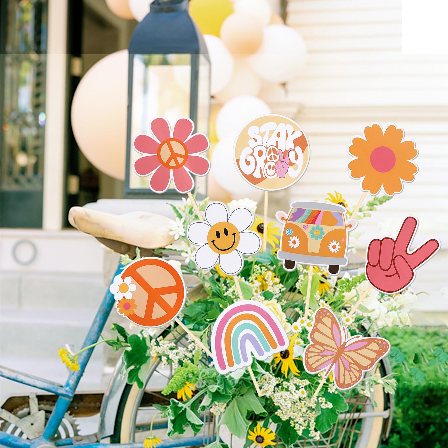 18 PCS Hippie Party Centerpiece Sticks Dasiy 60s Retro Boho Peace Sign Hand Butterfly Two Groovy