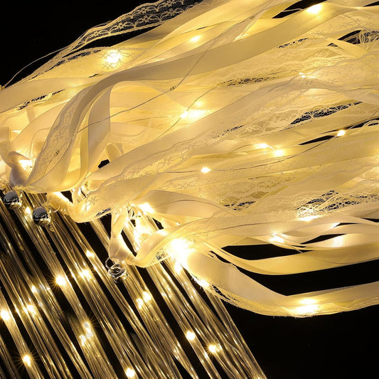 50 Pcs Wedding Wands Ribbon Streamers with 3 Colorful Flashing Modes, Light up LED Silk Fairy Wands, Glow Lace Stick with Bells for Wedding Reception, Graduation, New Year, Birthday Party (Warm White)