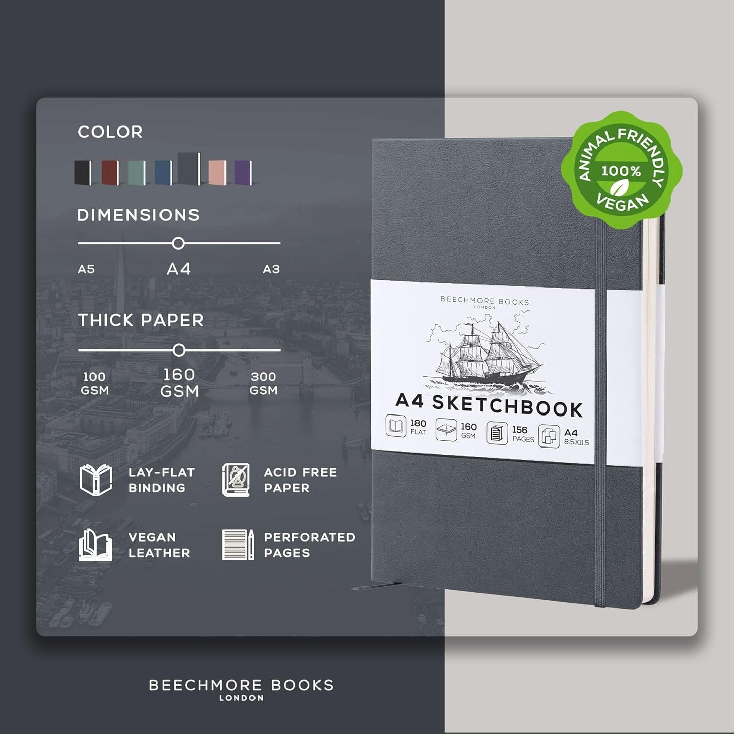 Beechmore Books A4 Sketchbook ??8.5x11 Premium Vegan Leather Bound Large Sketch Book Hardcover with 156 Thick 160gsm Perforated Ivory Pages, Blank Sketch Pad, Gift Boxed, Back Pocket, Ribbon Bookmark