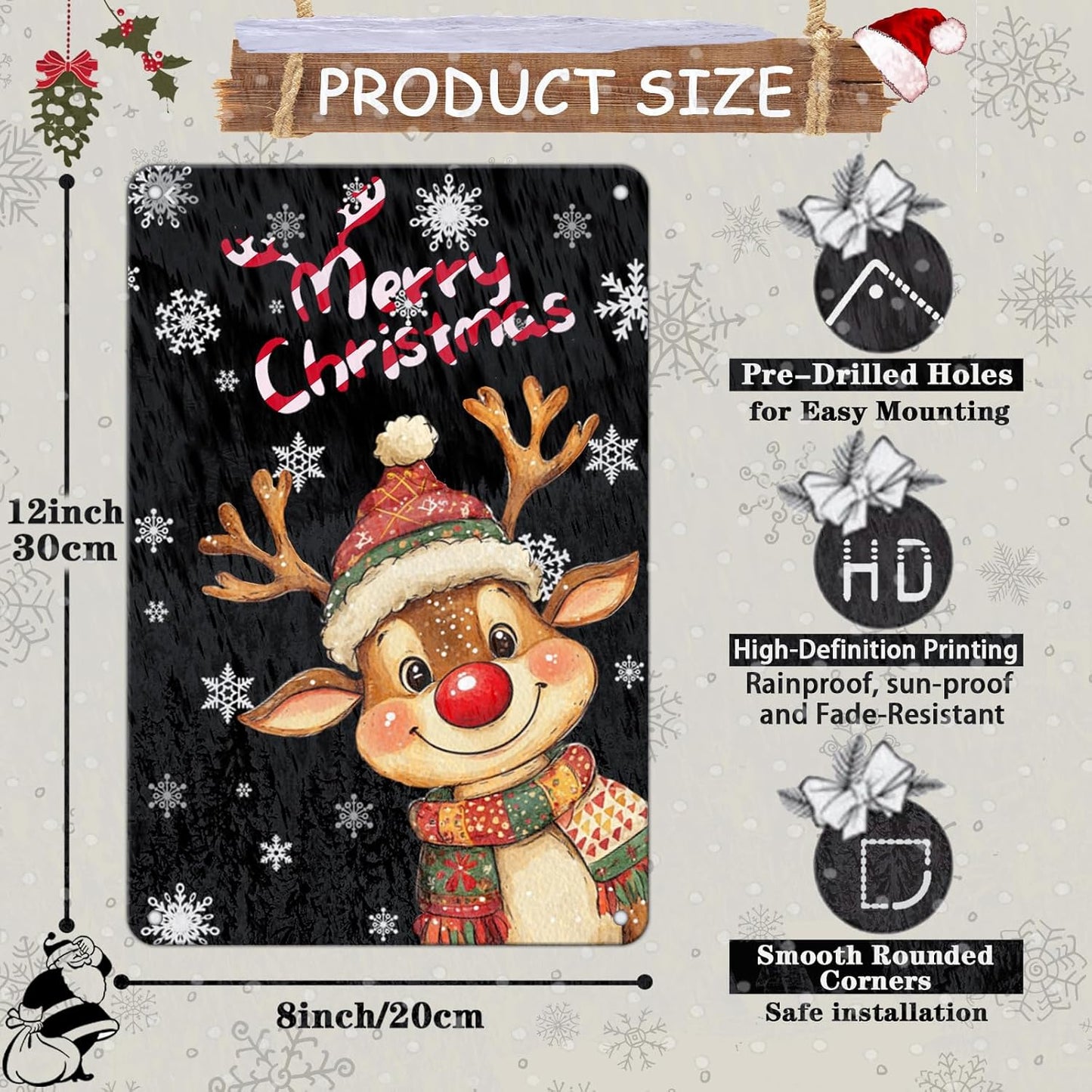 Christmas Reindeer Metal Tin Sign - Merry Christmas Sign for Outdoor & Indoor Decoration - 8x12Inch