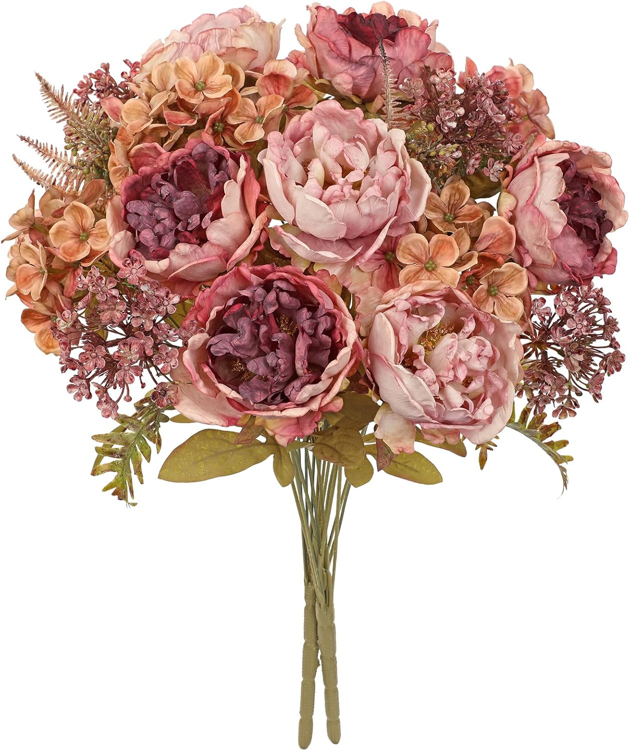 Hollyone 2Pcs Artificial Fall Flowers Bouquet 18.8" Pink Dried Peony Hydrangea Fake Fall Floral Silk Flowers Autumn Faux Flower Arrangement for Home Wedding Table Centerpieces Thanksgiving Party Decor