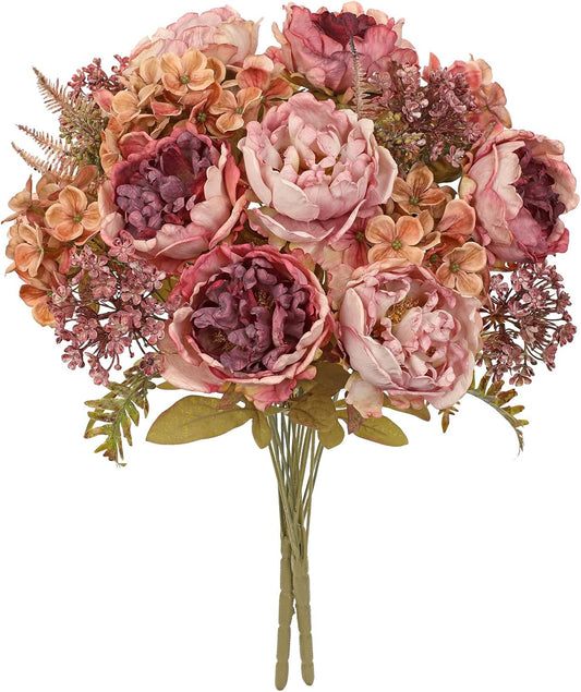 Hollyone 2Pcs Artificial Fall Flowers Bouquet 18.8" Pink Dried Peony Hydrangea Fake Fall Floral Silk Flowers Autumn Faux Flower Arrangement for Home Wedding Table Centerpieces Thanksgiving Party Decor