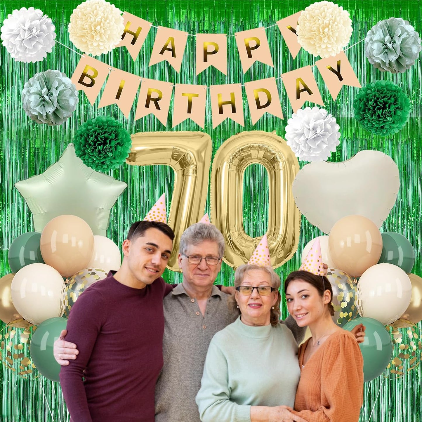 Sage Green 70th Birthday Decorations for Men Gold Number 70 Balloon Nude Gold Happy Birthday Banner Fringe Curtain Paper Pom Poms Olive Green Cream White Sand Star Foil Balloons Party Decor