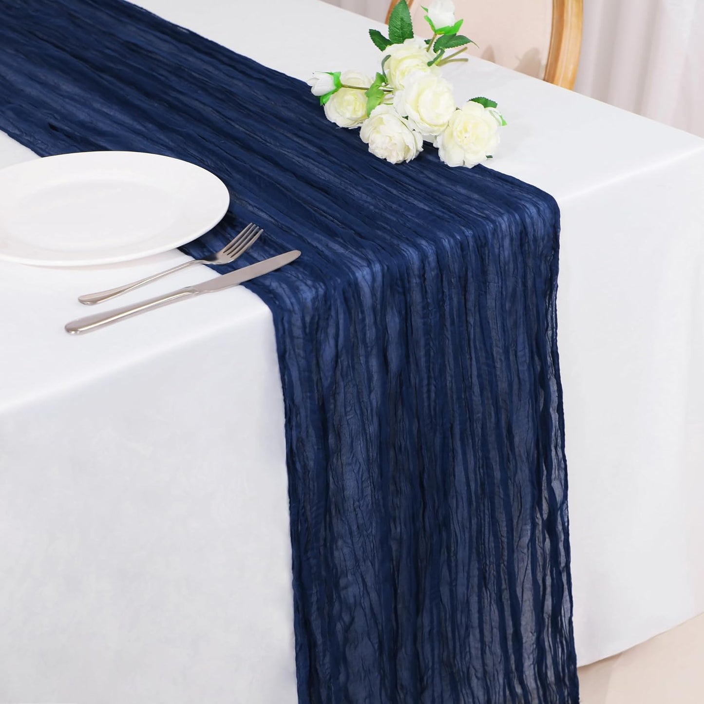 Snowkingdom 6PCS 13Ft Navy Blue Cheesecloth Table Runner, 160inch Long Cheese Cloth Boho Gauze Runner for Wedding Bridal Baby Shower Birthday Holiday Party Sheer Table Decorations