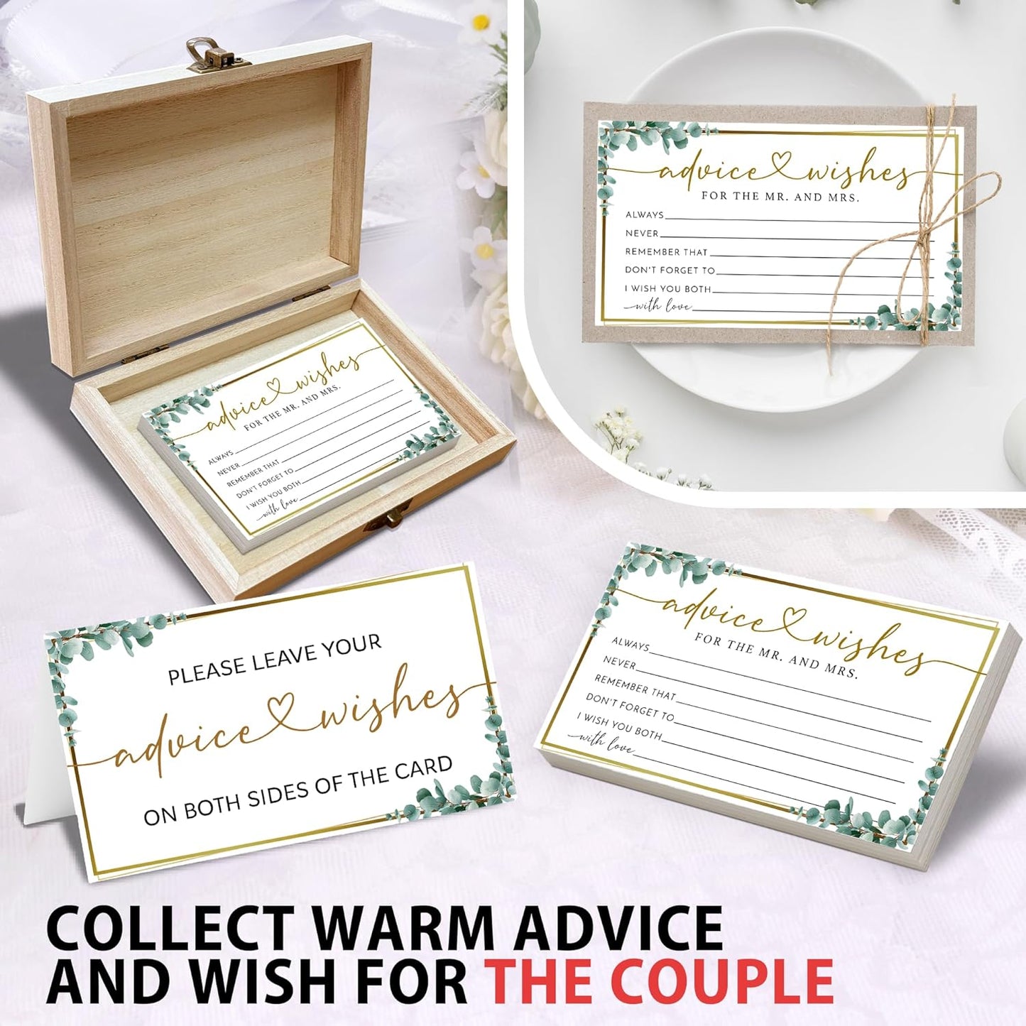 Eucalyptus Advice and Wishes for the Mr and Mrs - 50 Packs Wedding Advice Cards Bridal Shower Game Cards with Box Reception Guest Book for Bride Groom Newlywed Engagement Party Decoration -A10