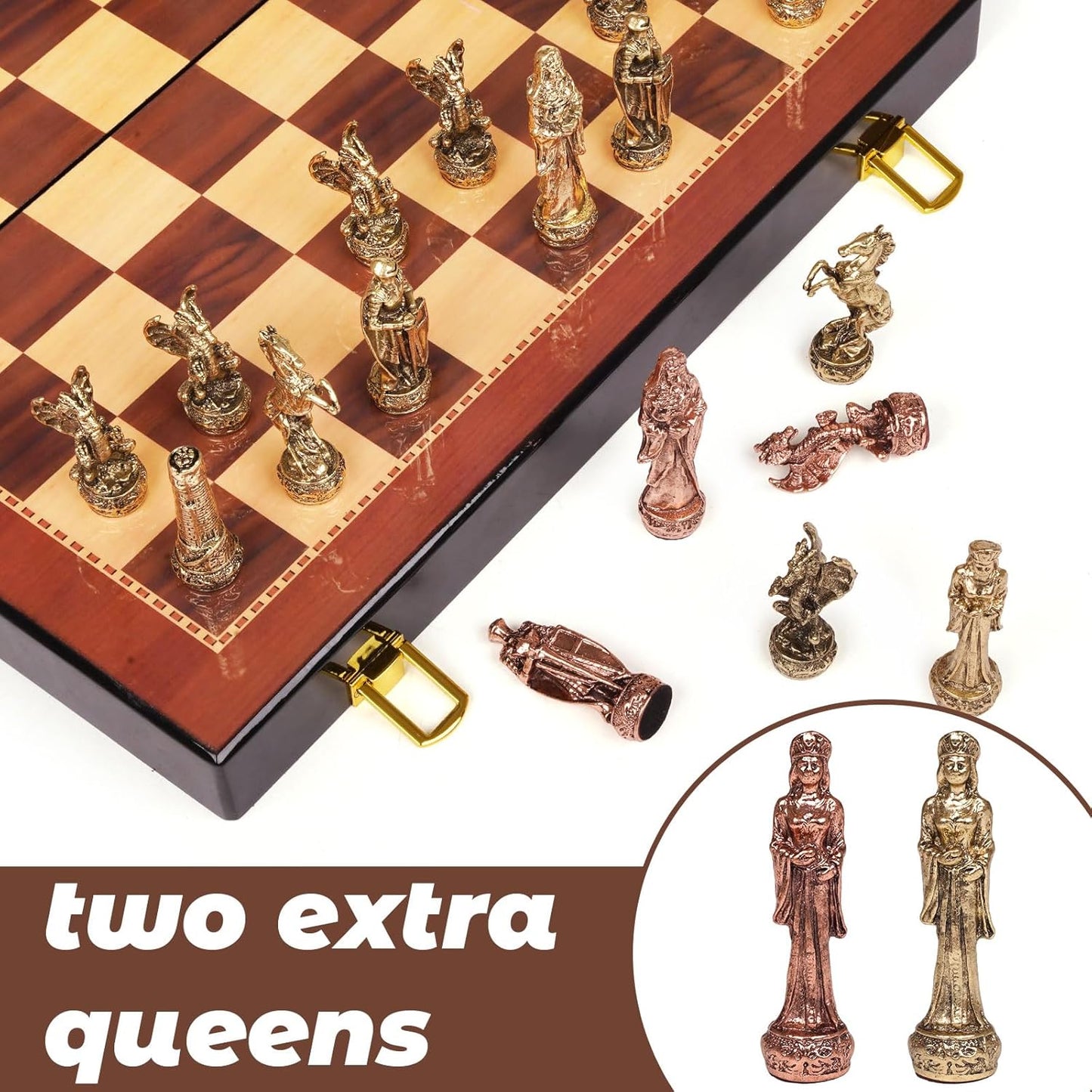 Vintage Figurine Chess Set for Adults and Kids - Wooden Board With Metal Pieces - Travel Chess Set - Collectible Elegant Game - Family Vintage Board Game