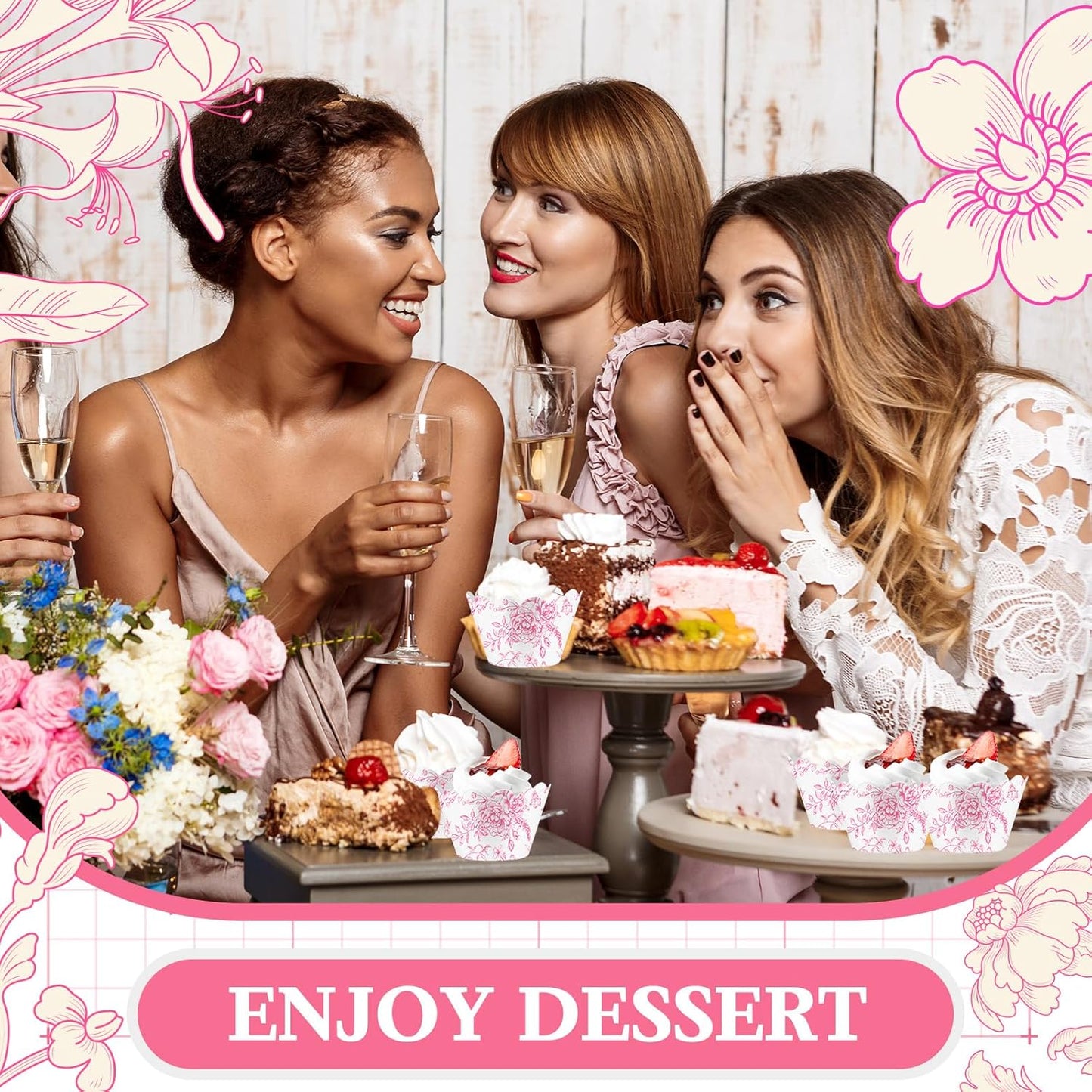 Domensi 100 Pcs Pink Floral Cupcake Wrappers Rustic Cupcake Liners Pink Baking Cups Flower Baking Liners for Wedding Bridal Baby Shower Birthday Party Supplies Dessert Decoration