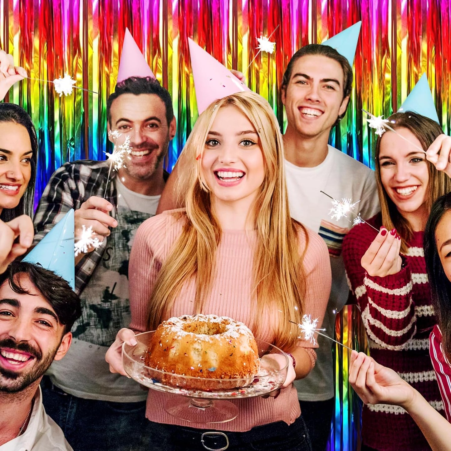 3 Pack Rainbow Foil Fringe Curtain Backdrop, 3.28Ft x 8.2Ft Metallic Tinsel Foil Fringe Streamer Curtains for Photo Booth, Christmas Day, Thanksgiving, Wedding, New Year Party Decorations