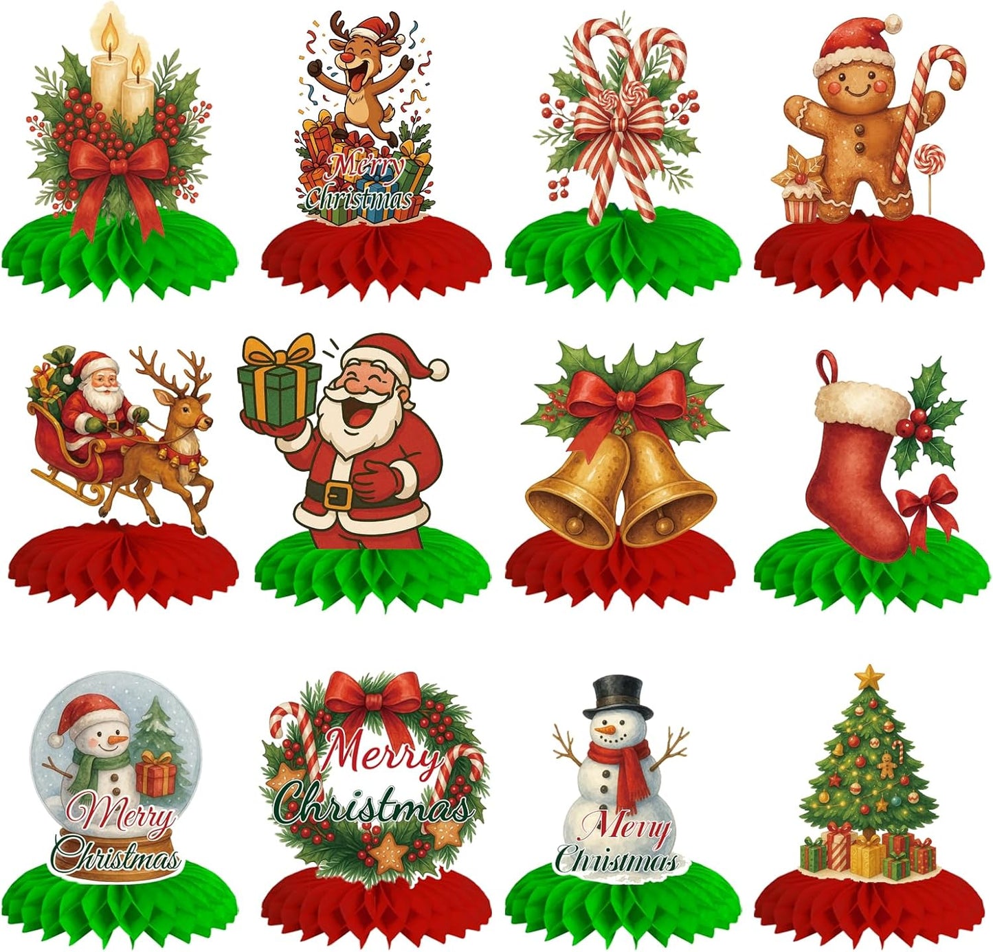 12Pcs Christmas Honeycomb Centerpieces Christmas Table Toppers Decorations Christmas Tree,Snowman,Gingerbread for Holiday Christmas Party Supplies