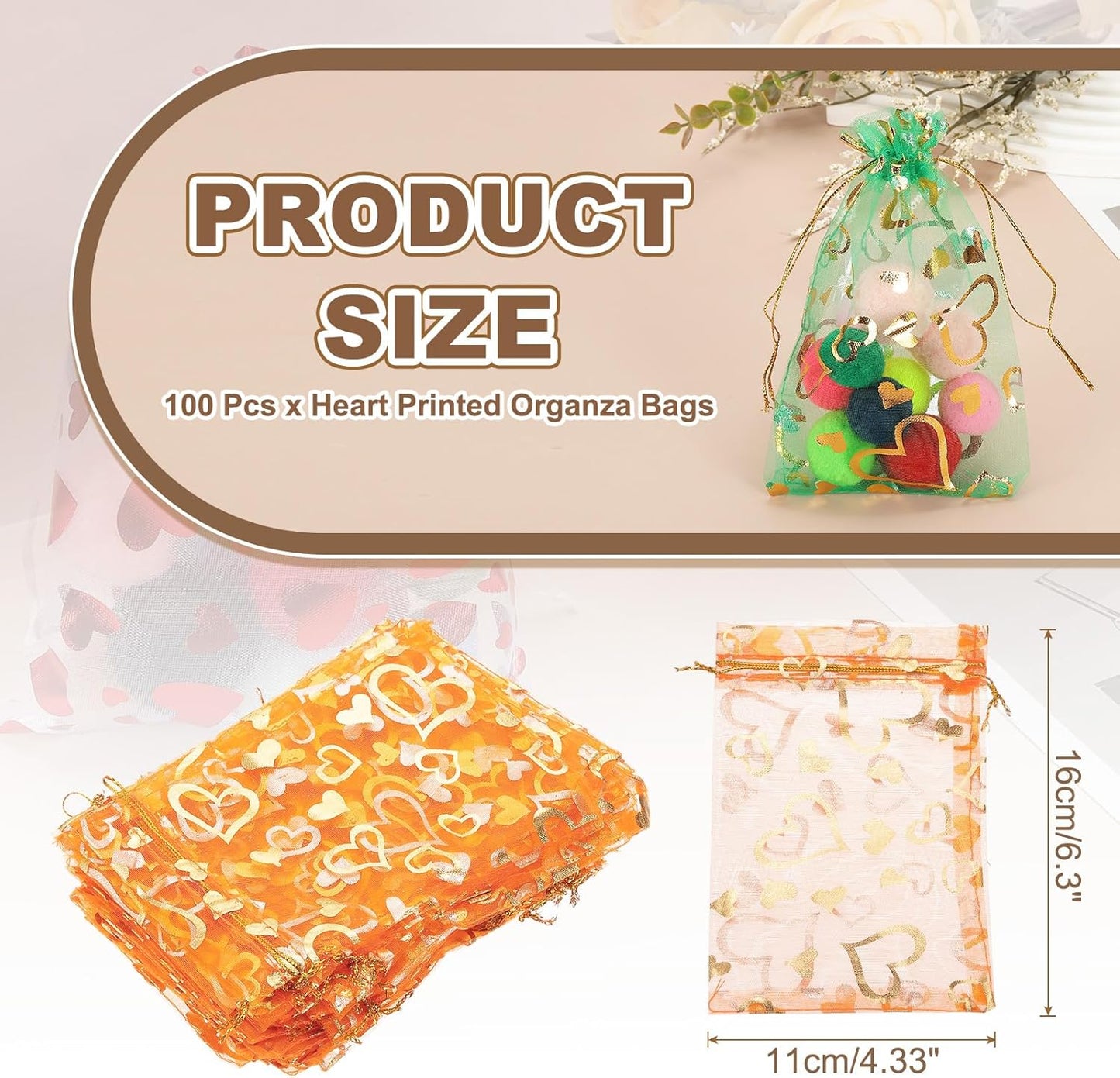 PATIKIL 100 Pcs 4x6 Inch Heart Printed Organza Bags, Orange Sheer Heart Organza Bags with Drawstring for Christmas Candy Jewelry Party Wedding Favor Gift