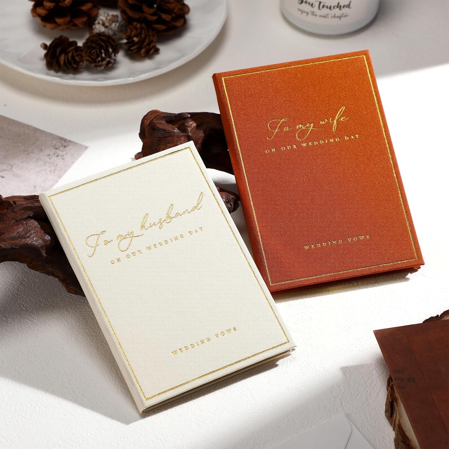 2 Pcs Wedding Vow Books His and Her to Husband Wife Wedding Must Have Registry Ideas Gold Foil Lined Page Premium Engagement Gift for Guest Groom Newly Engaged Couple(Brown-Beige)