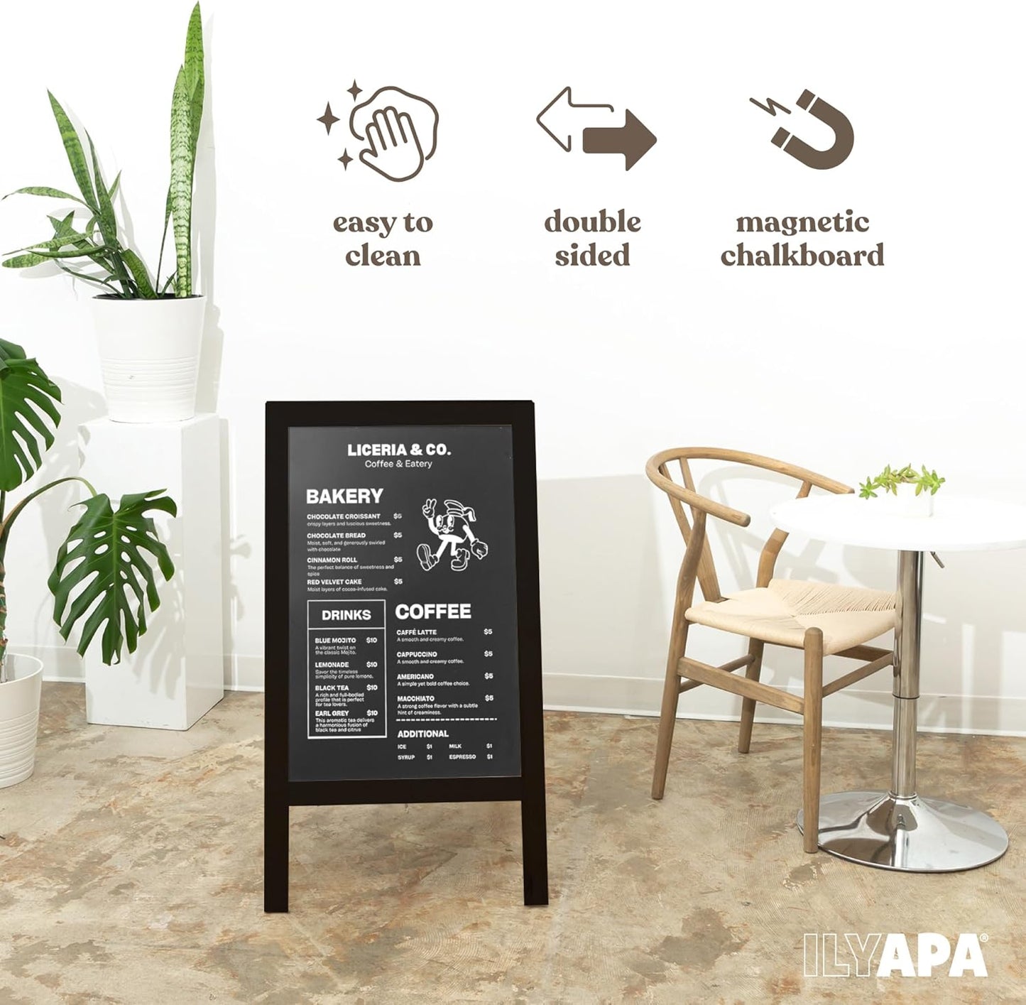 Ilyapa Wooden A-Frame Chalkboard Sign with Eraser, 40 x 20 Inch Magnetic Sidewalk Menu Board, Black Menu Display for Restaurant, Business, or Weddings