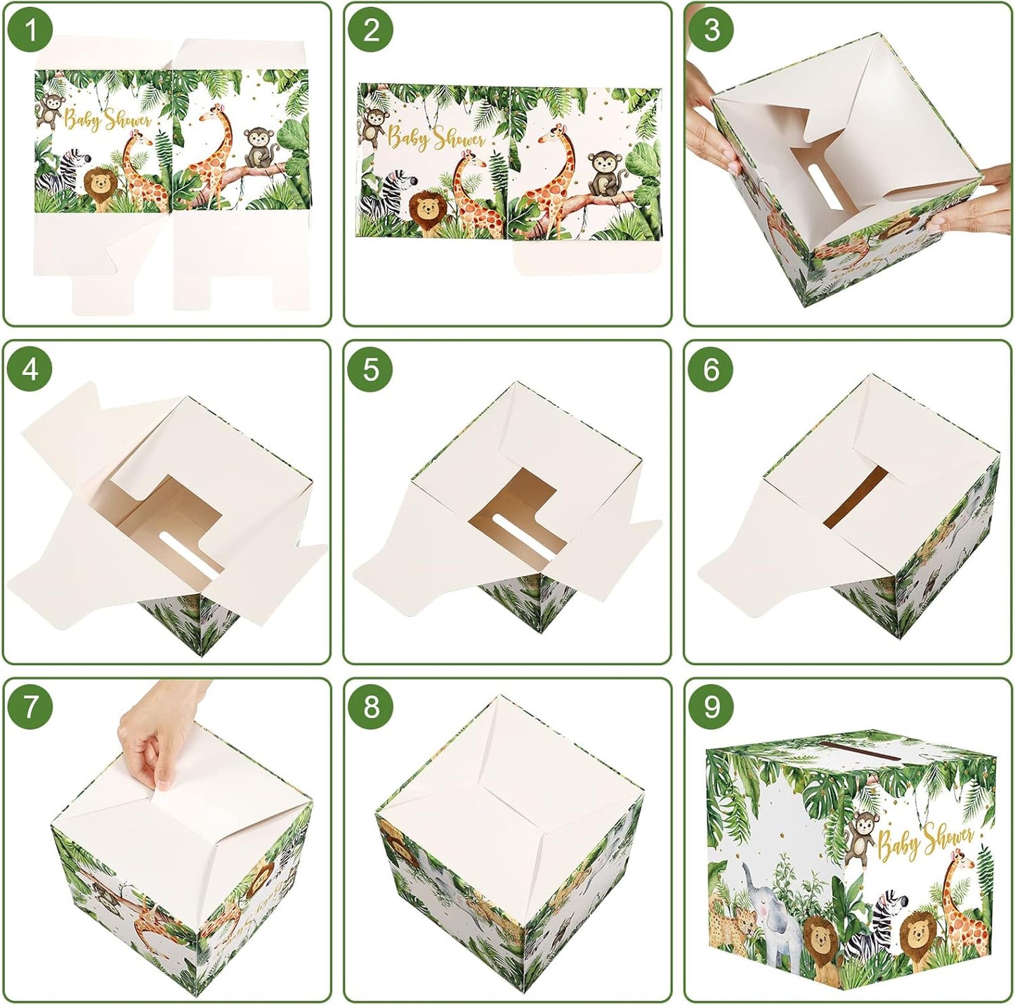 51 Pieces Woodland Baby Shower Card Box and Advice Cards, Diaper Raffle Game Box Tickets, Animals Safari Creatures Party Decorations for Baby Shower, Birthday, Gender Reveal (Jungle Animal Theme)