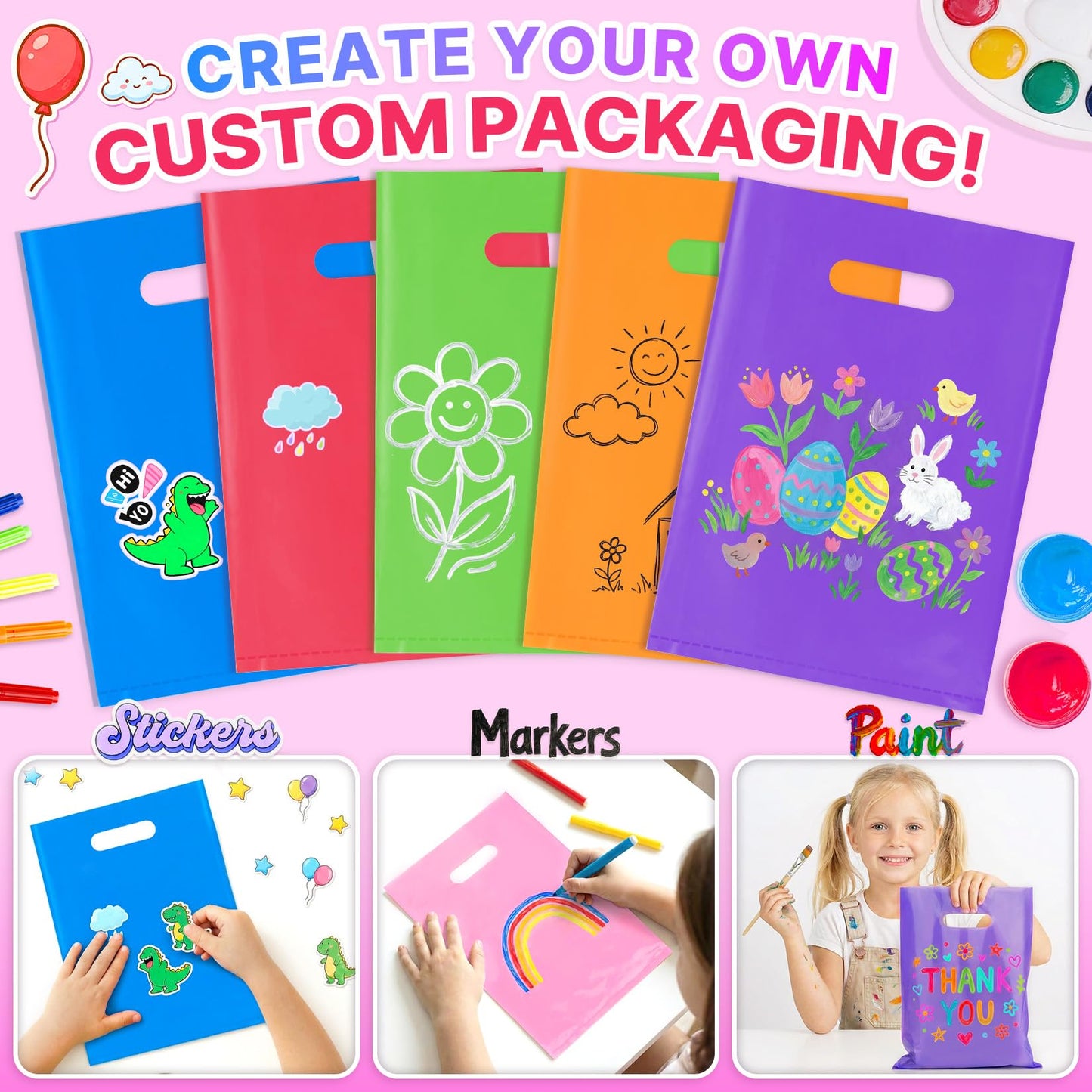 ANZNKU 50PCS Colorful Party Favor Gift Bags 8x11, Plastic Goodie Bags Bulk