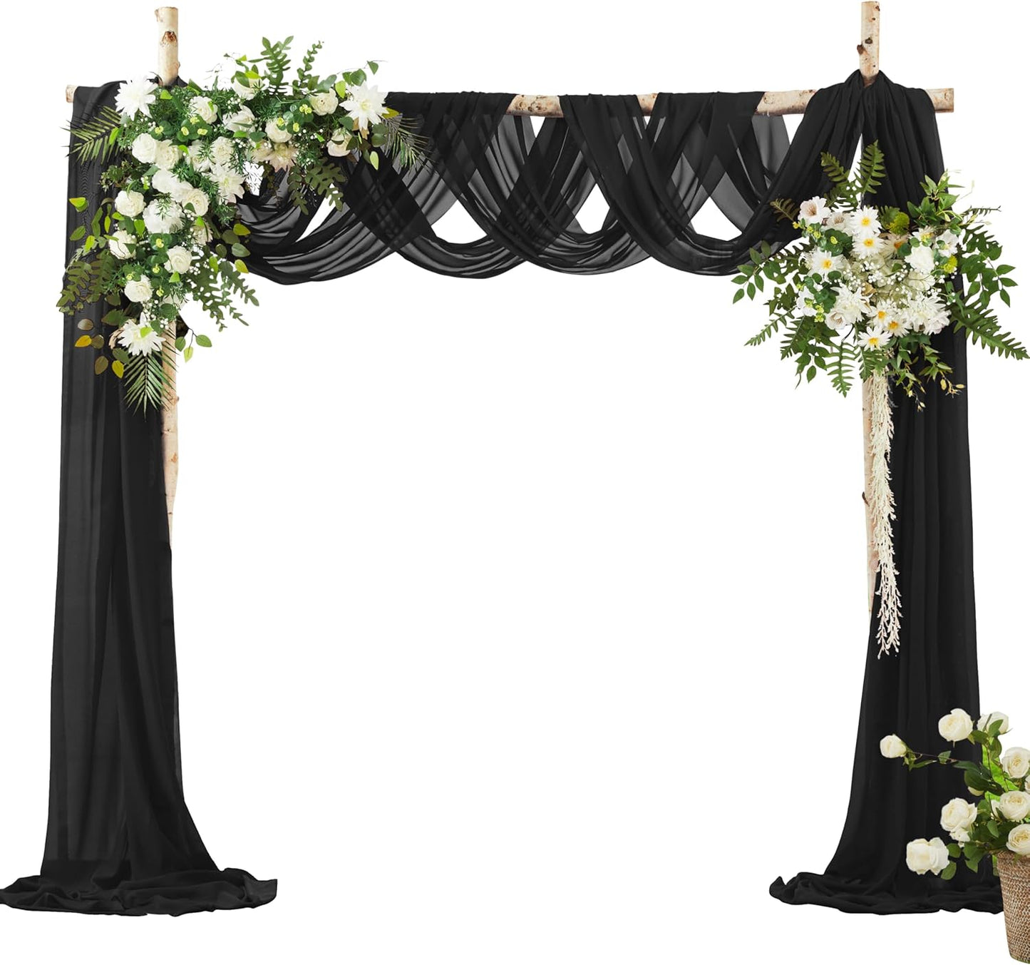 VACVELT Wedding Arch Draping Fabric - Black Chiffon, 2 Panels Sheer Drapes, 30 Inch x 20ft Backdrop Curtain, Outdoor Sheer Drapery for Ceremony Party Ceiling