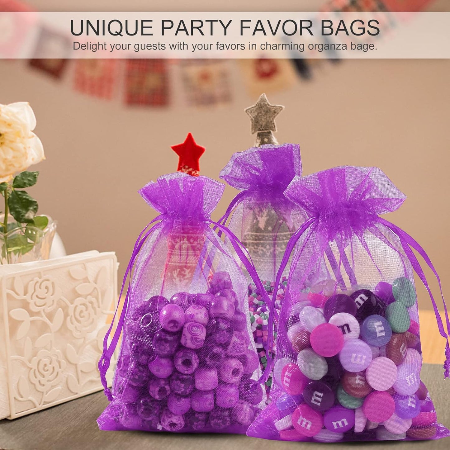 ANZNKU 100 PCS Small Organza Bags 4x6 Inches, Purple Gift Drawstring Pouches For Halloween Party Festival Earrings Cosmetic Favor Mesh Gift Bags