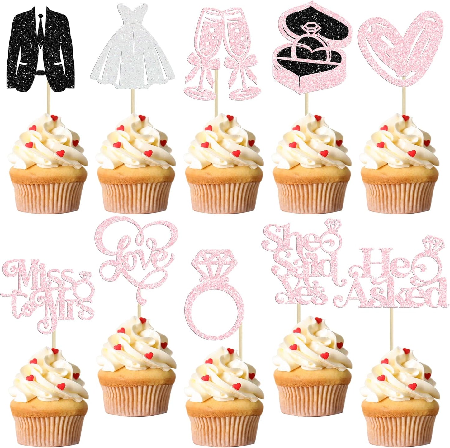 Gyufise 30Pcs She Said Yes Cupcake Toppers Glitter Diamond Ring I Do Love Cupcake Picks Miss to Mrs He Asked Bridal Shower Wedding Engagement Bachelorette Cake Decoration Light Pink