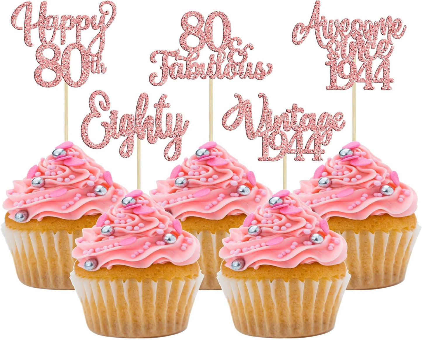 30Pcs Vintage 1944 Cupcake Toppers Glitter Eighty 80 Fabulous Happy 80th Birthday Cupcake Picks Cheers to 80 Years for 80th Birthday Anniversary Party Cake Decorations Supplies Rose Gold